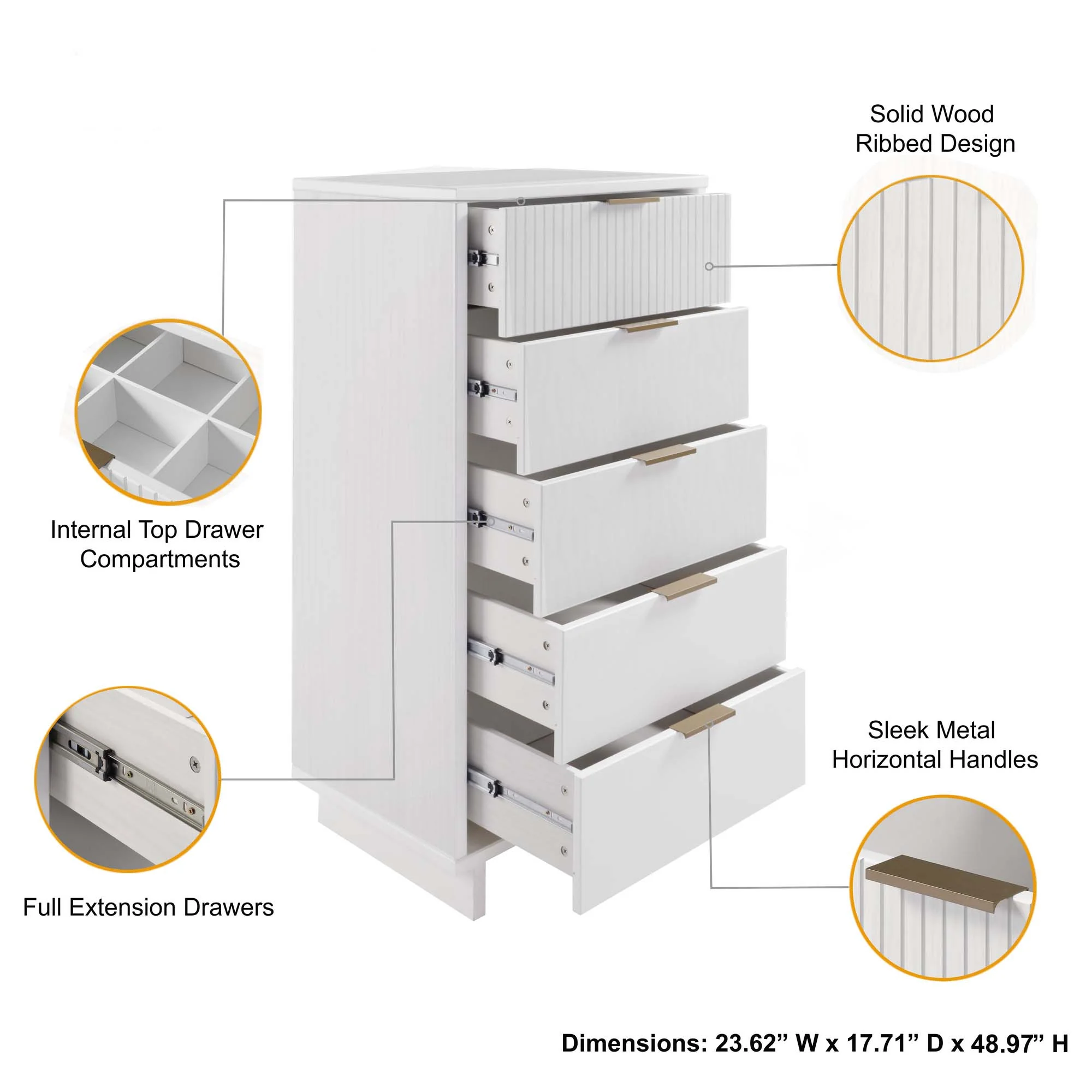 Granville 2-Piece Tall Narrow and Standard Dresser Set in White - Image 5