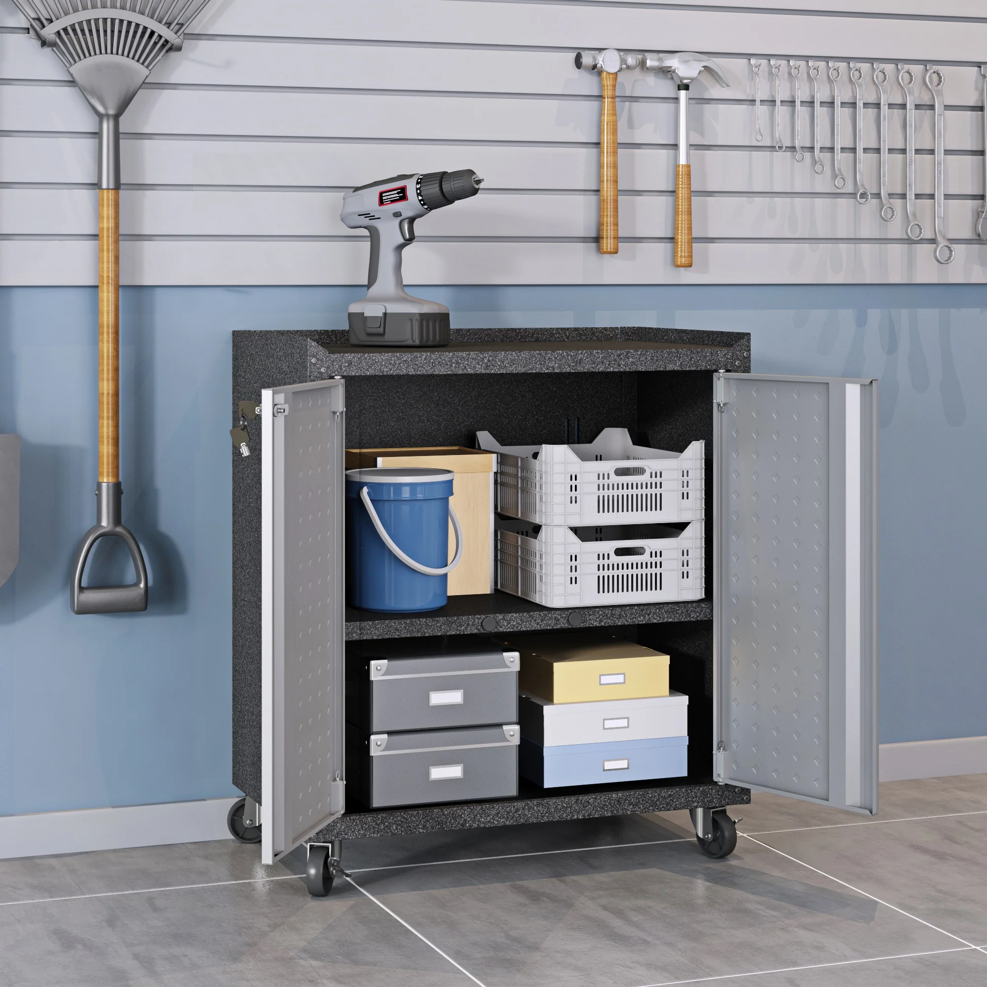 3-Piece Fortress Mobile Space-Saving Garage Cabinet and Worktable 3.0 in Grey - Image 5