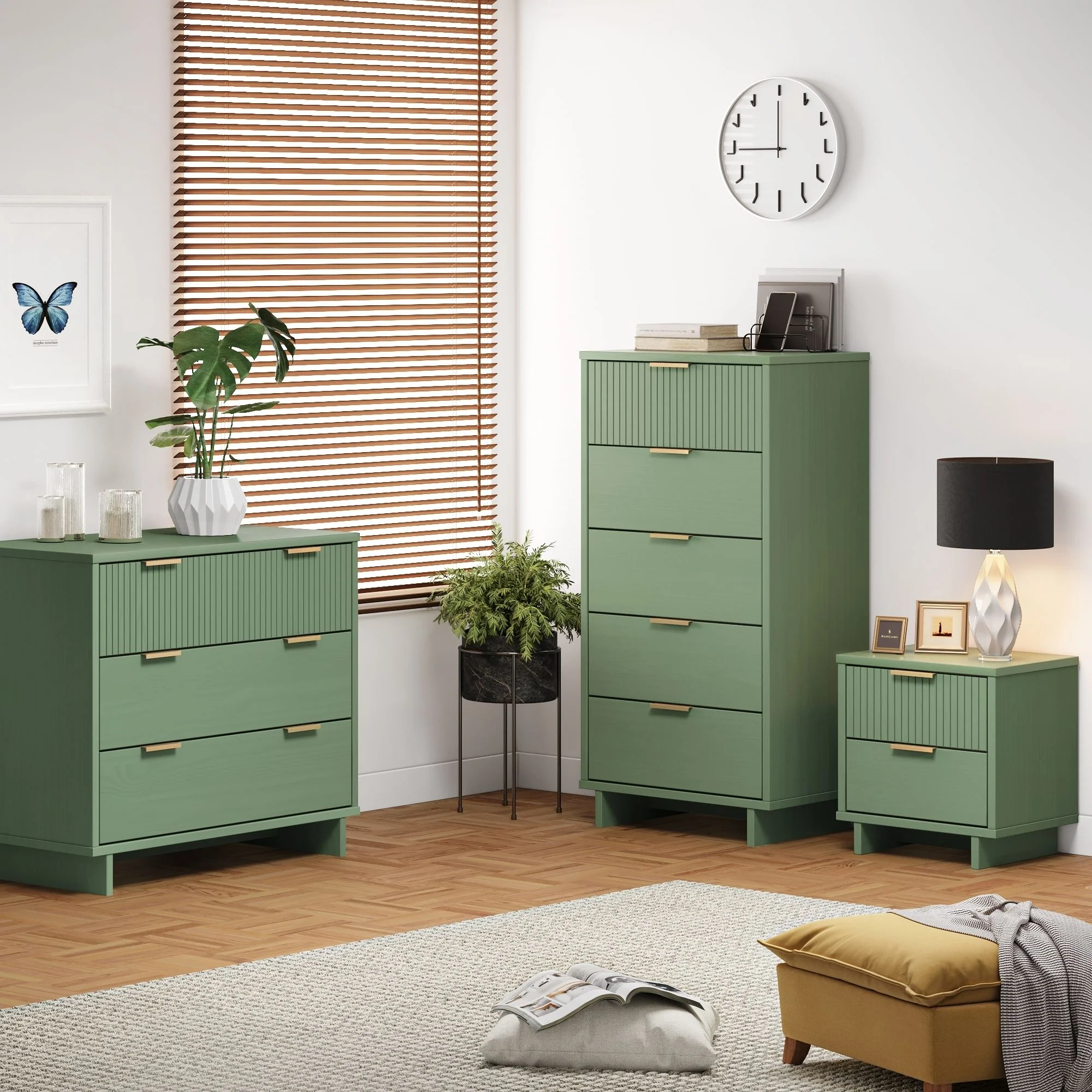 Granville 3-Piece Standard Dresser, Tall Narrow Chest and Nightstand Set in Sage Green - Image 2