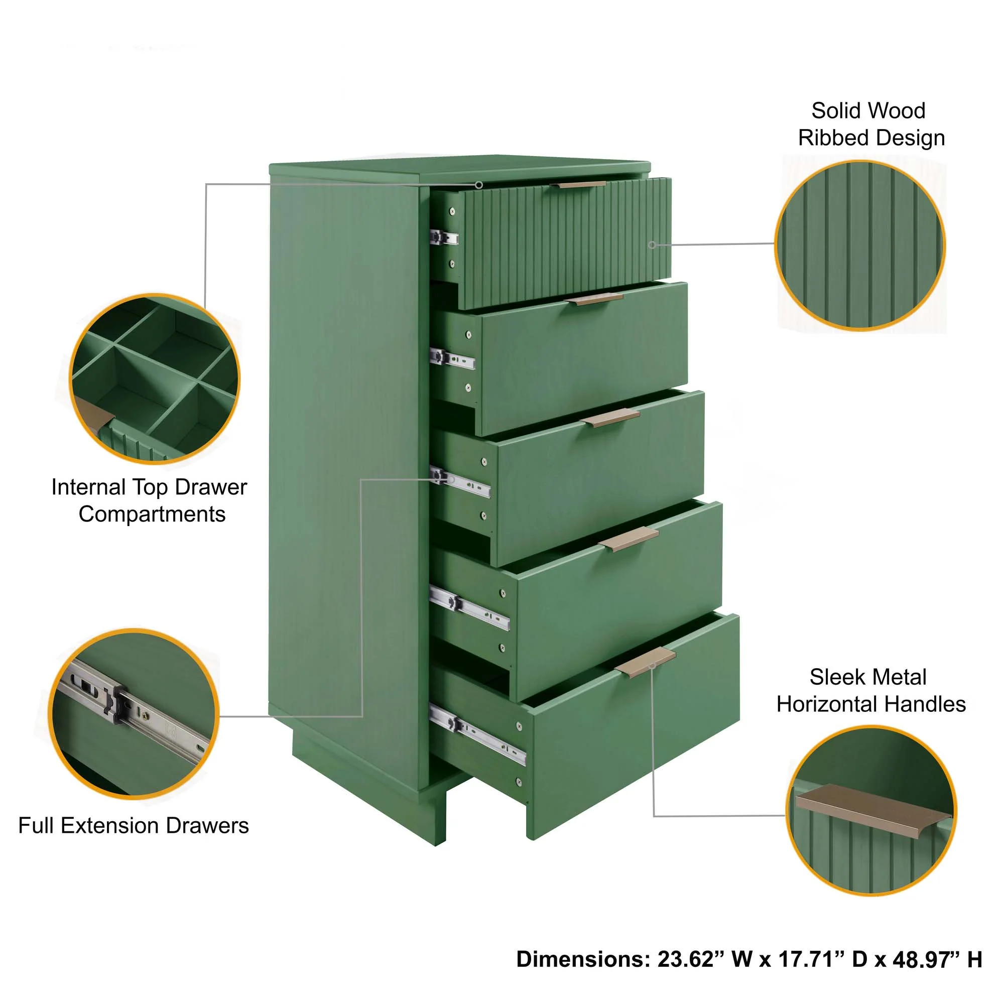 Granville 3-Piece Tall Narrow Chest, Double Dresser and Nightstand Set in Sage Green - Image 6