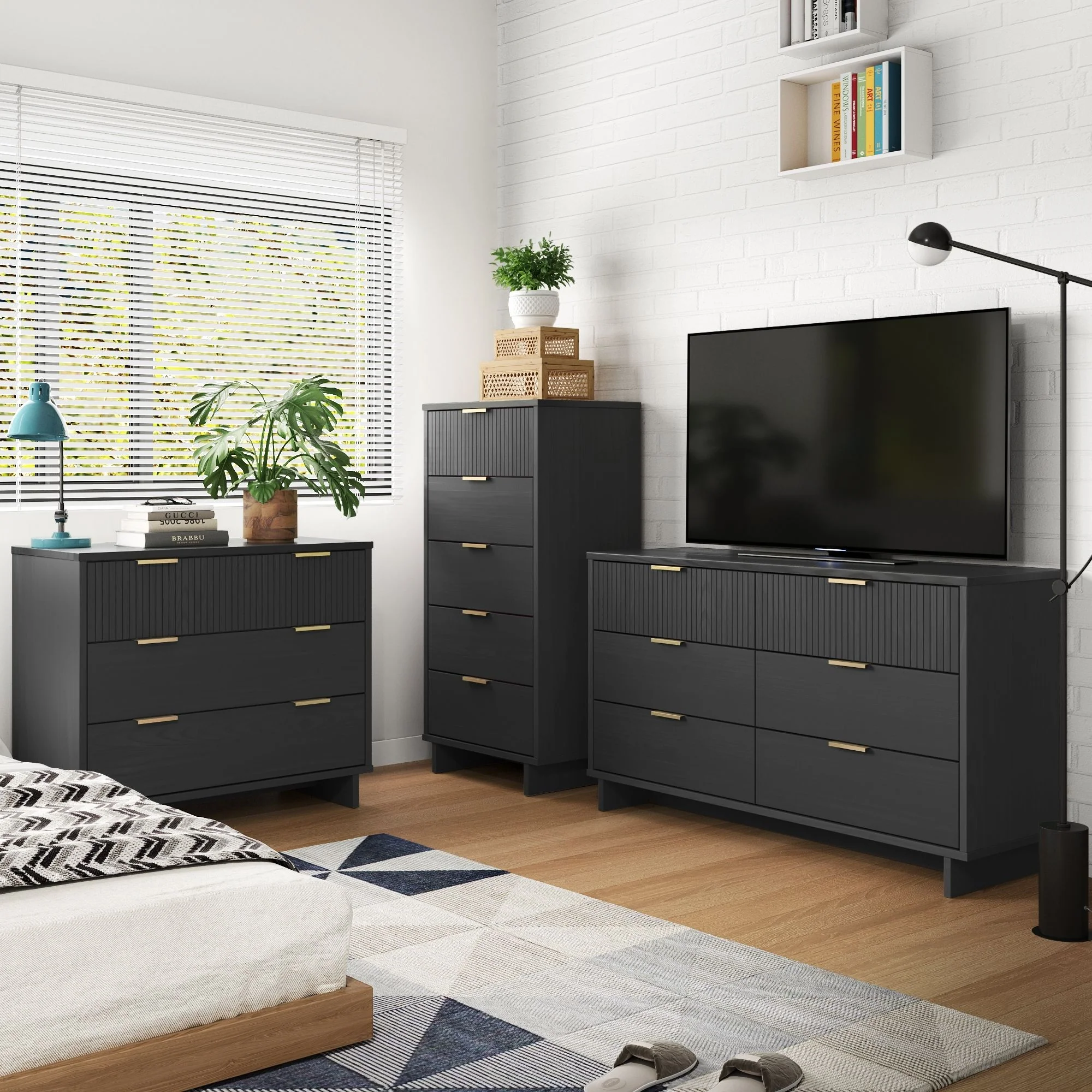 Granville 3-Piece Tall Narrow Chest, Double Dresser Set and Standard Dresser Set in Dark Grey - Image 2