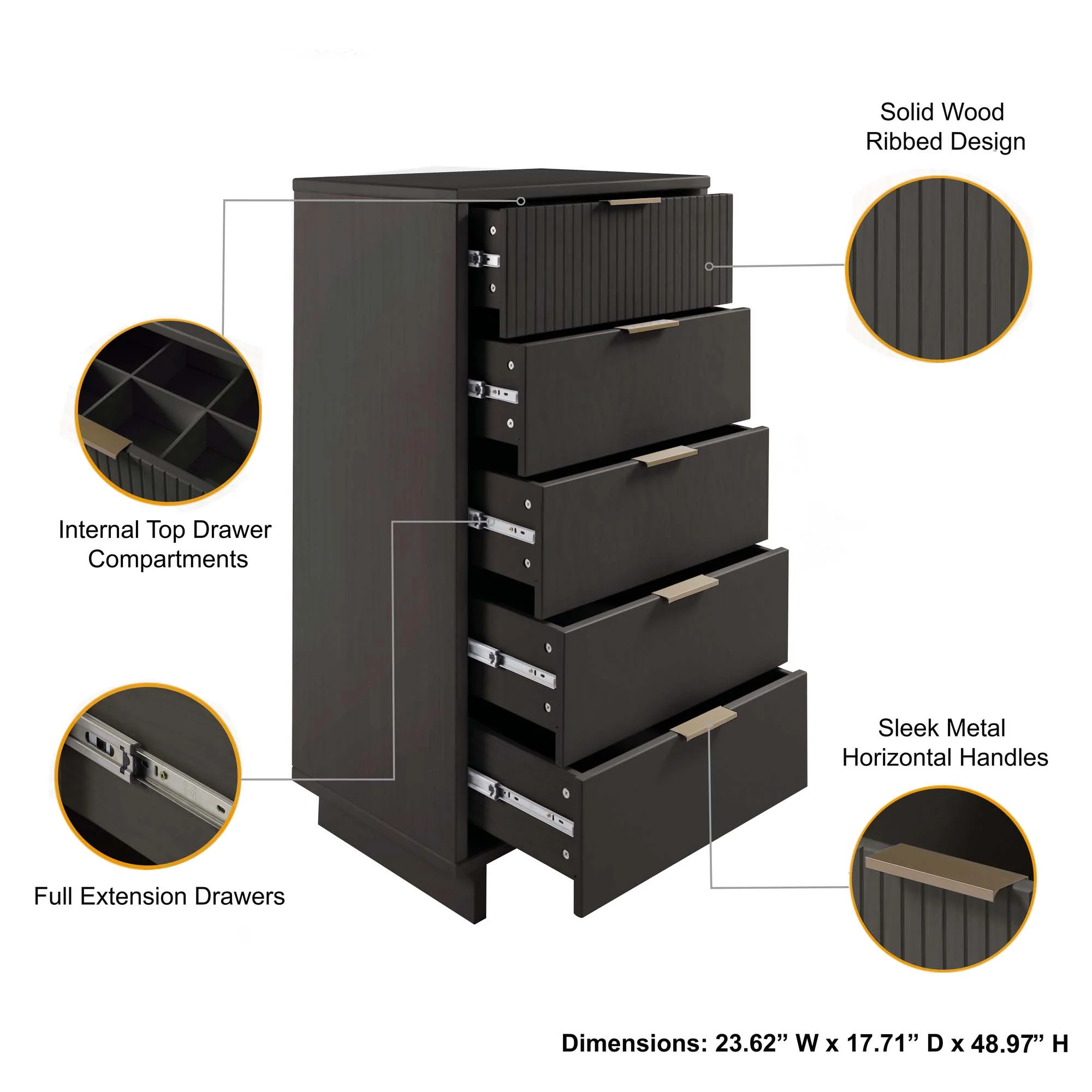 Granville 3-Piece Tall Narrow Chest, Double Dresser Set and Standard Dresser Set in Dark Grey - Image 6