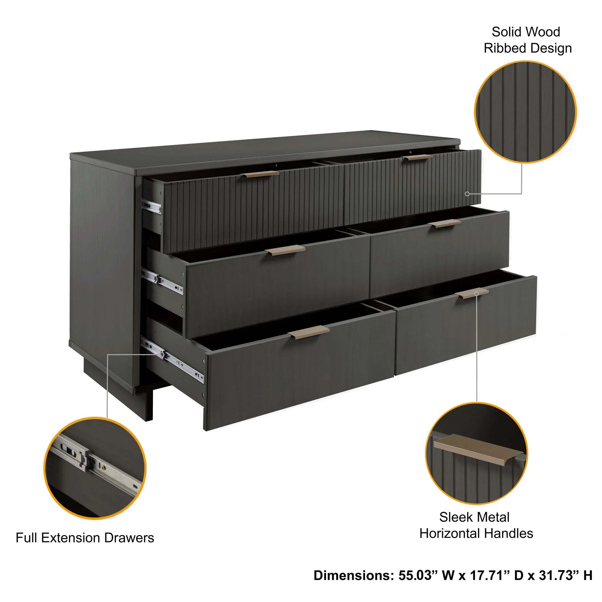 Granville 3-Piece Tall Narrow Chest, Double Dresser Set and Standard Dresser Set in Dark Grey - Image 8