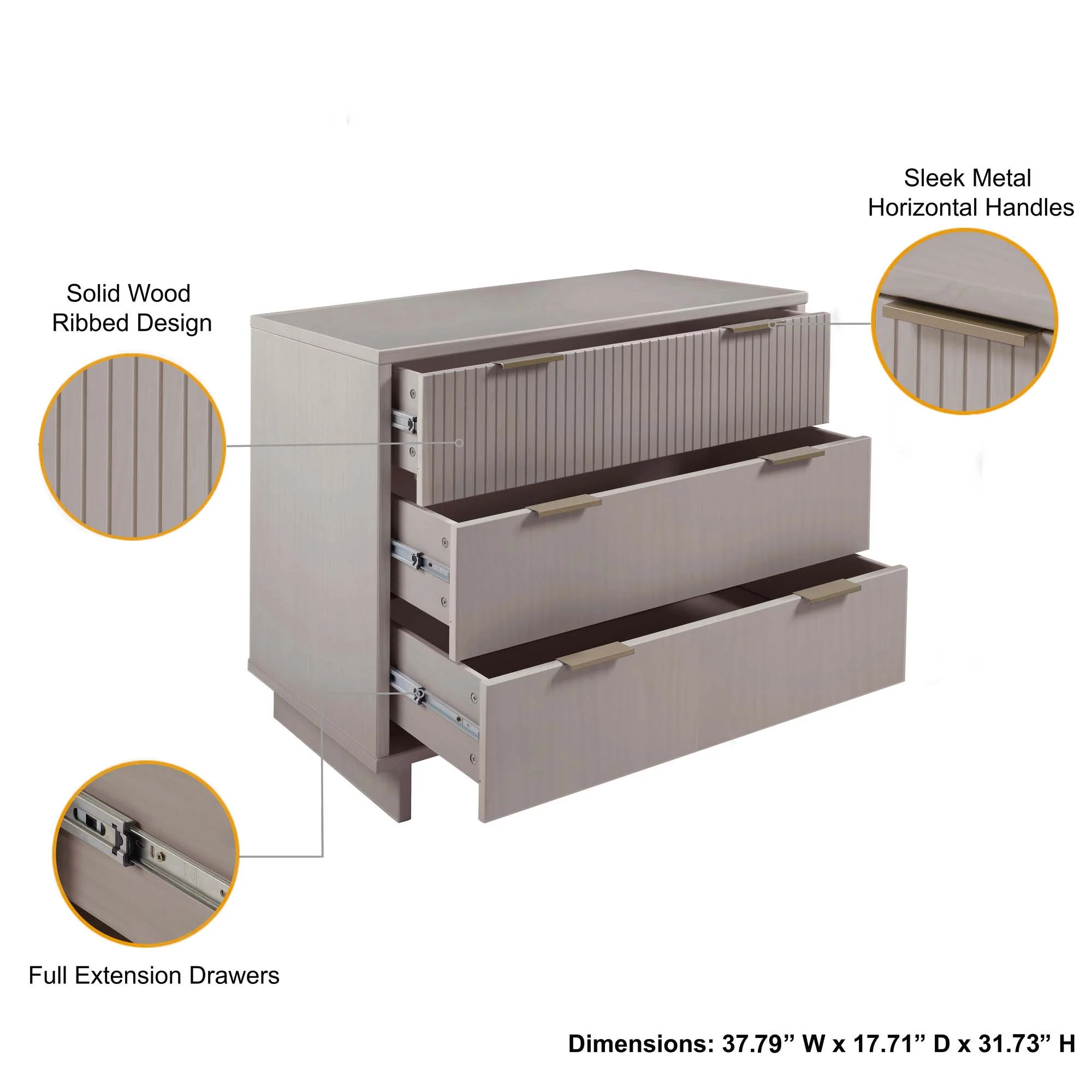 Granville 3-Piece Tall Narrow Chest, Double Dresser Set and Standard Dresser Set in Light Grey - Image 7