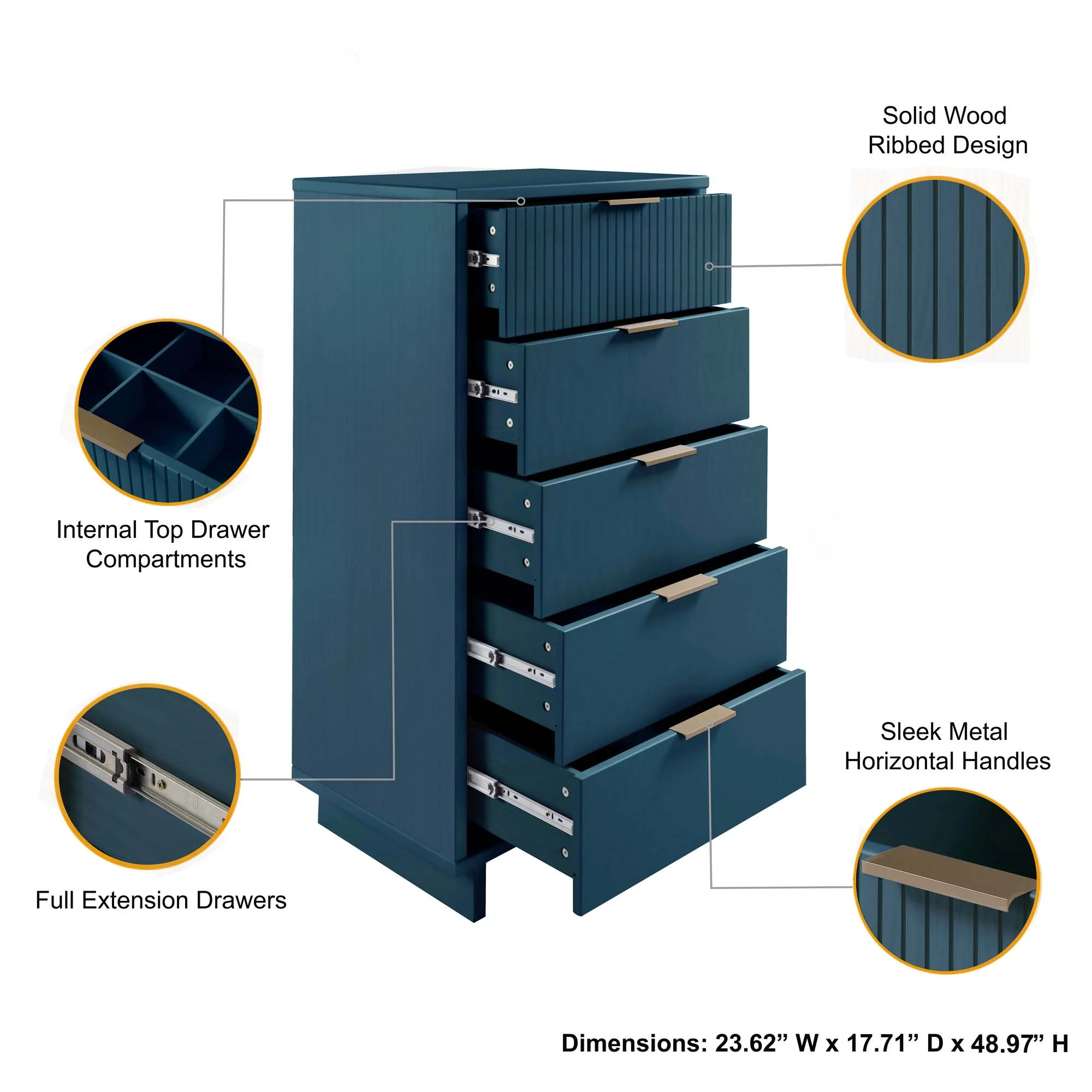 Granville 3-Piece Tall Narrow Chest, Double Dresser Set and Standard Dresser Set in Midnight Blue - Image 6
