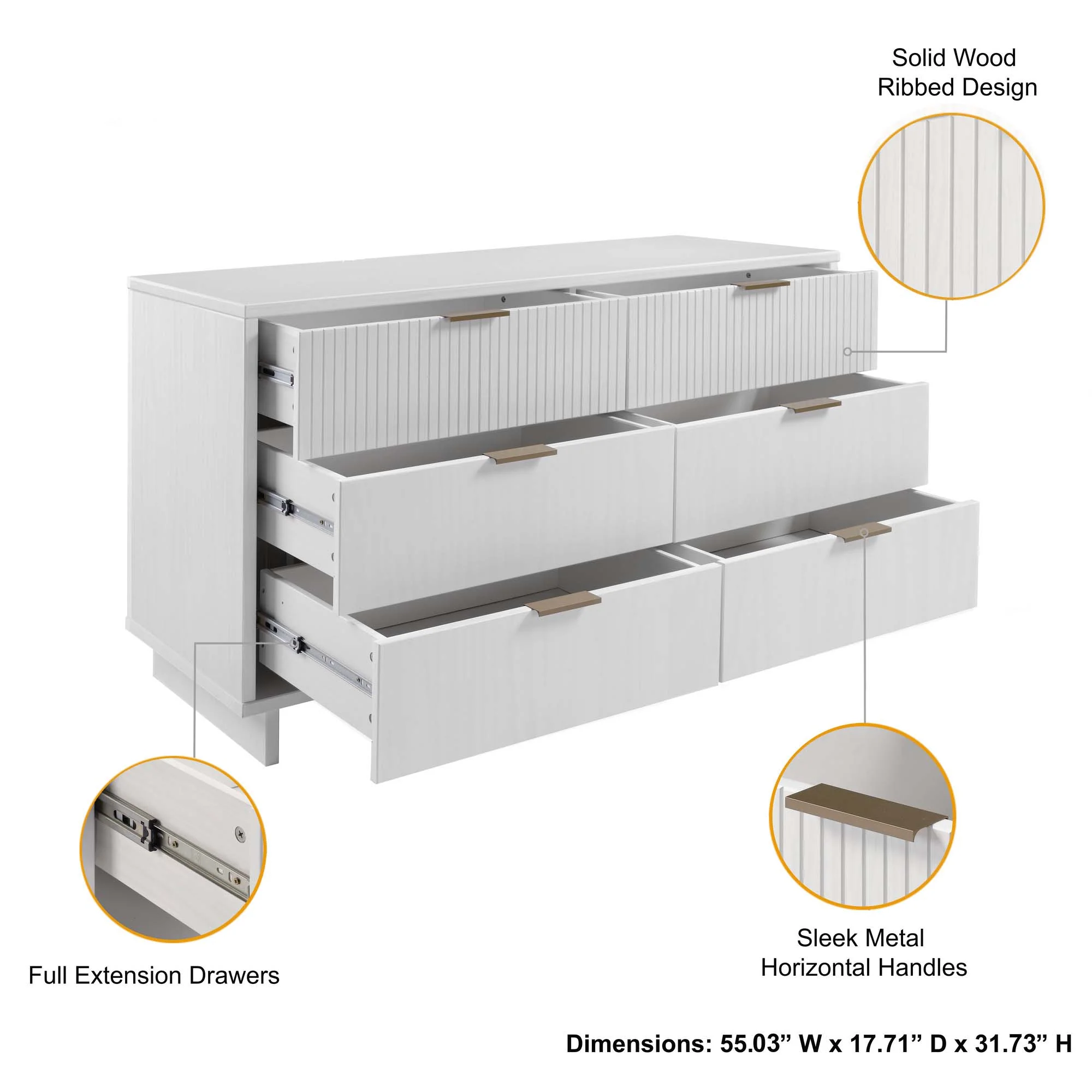 Granville 3-Piece Tall Narrow Chest, Double Dresser Set and Standard Dresser Set in White - Image 8