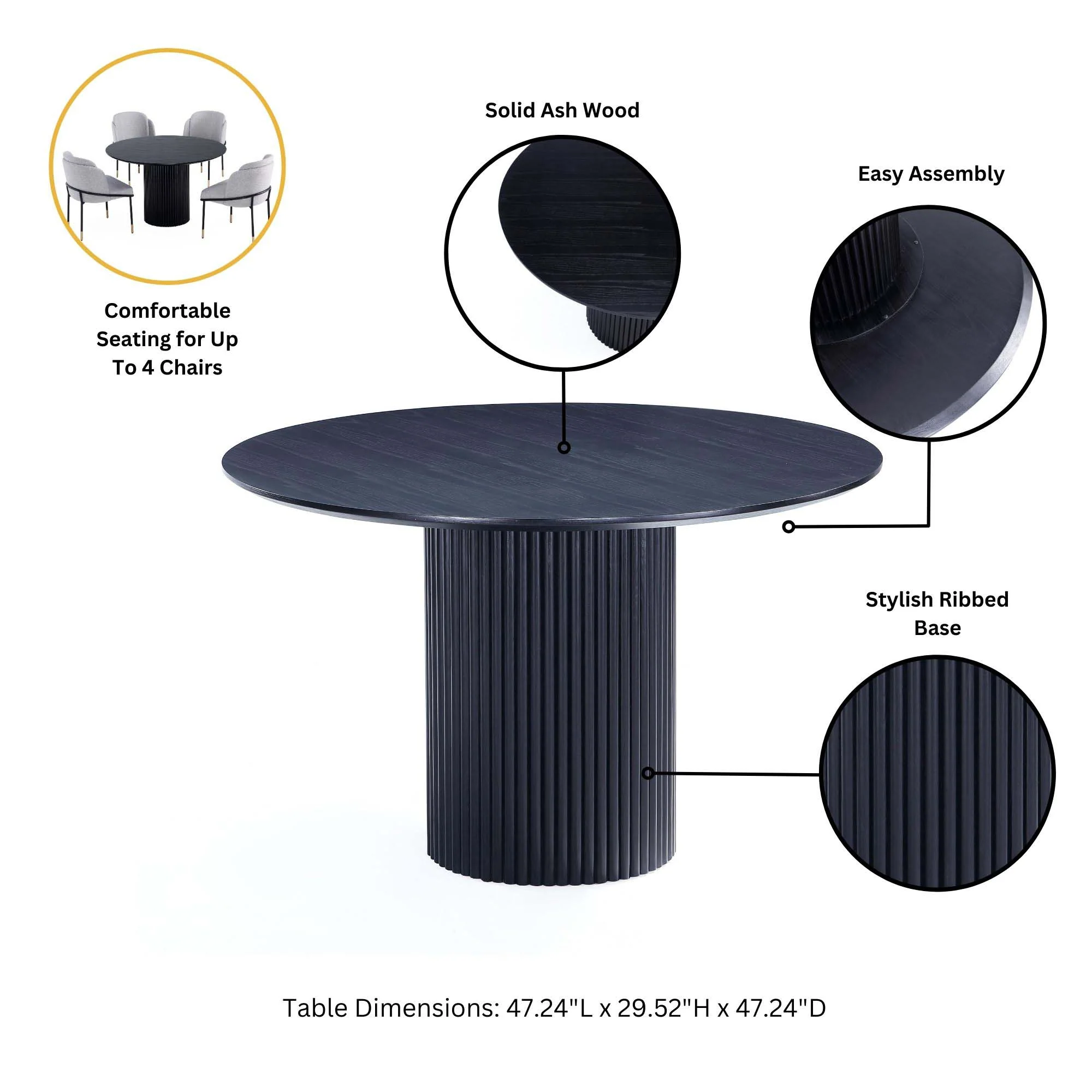 5-Piece Hathaway 47.24 Round Dining Set in Black with 4 Jardin Dining Chairs - Image 5