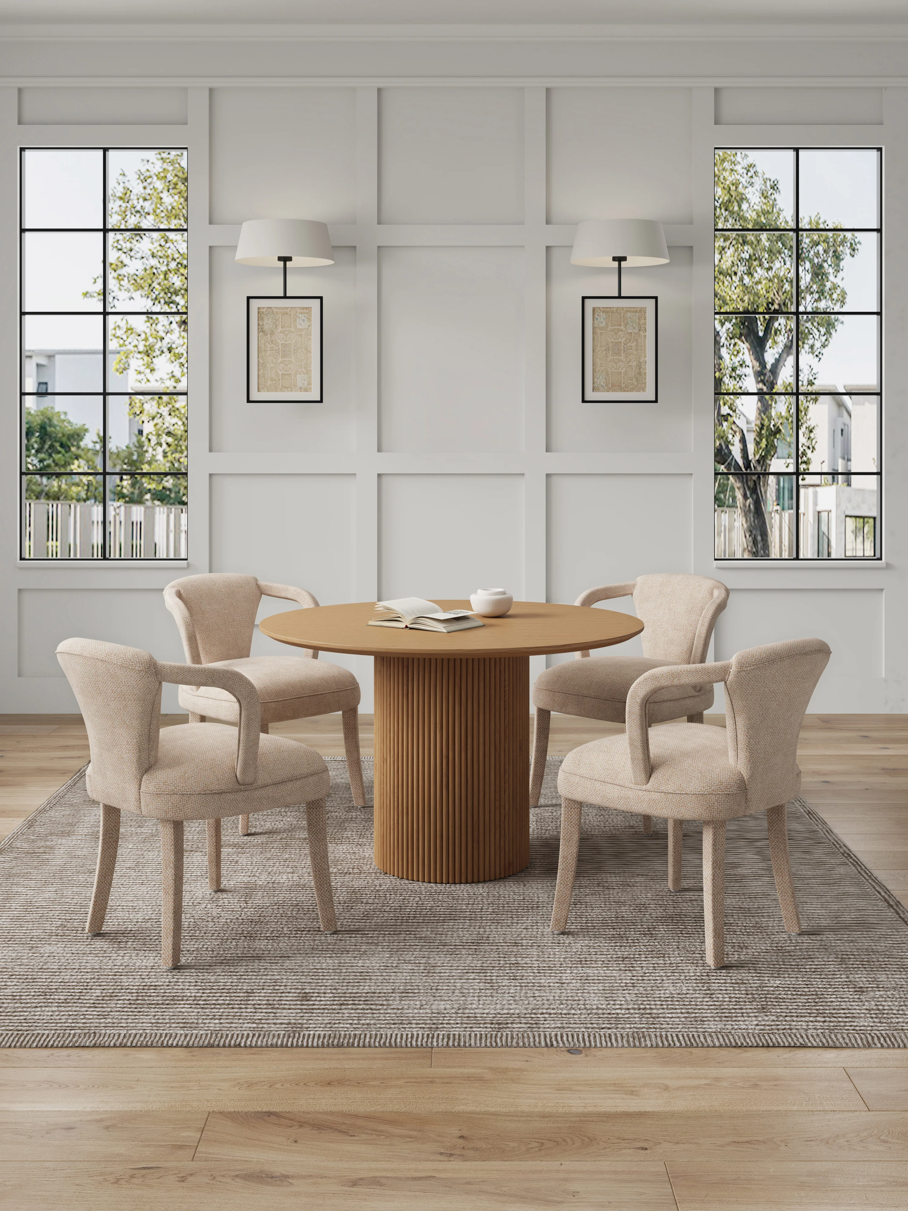 5-Piece Hathaway 47.24 Round Dining Set in Natural with 4 Palmer Dining Armchairs in Gold Dust - Image 2