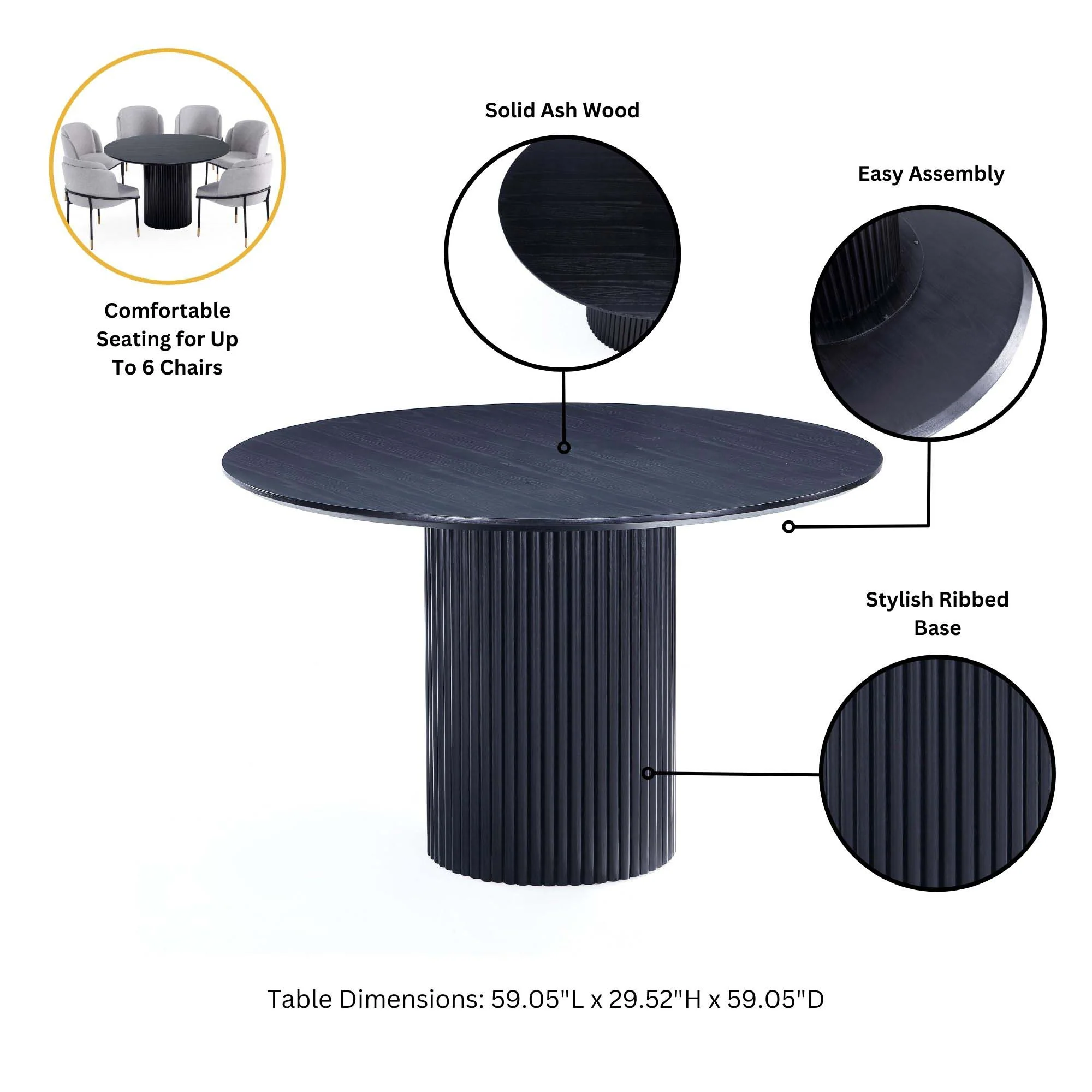 7-Piece Hathaway 59.05 Round Dining Set in Black with 6 Flor Dining Chairs in Grey - Image 5