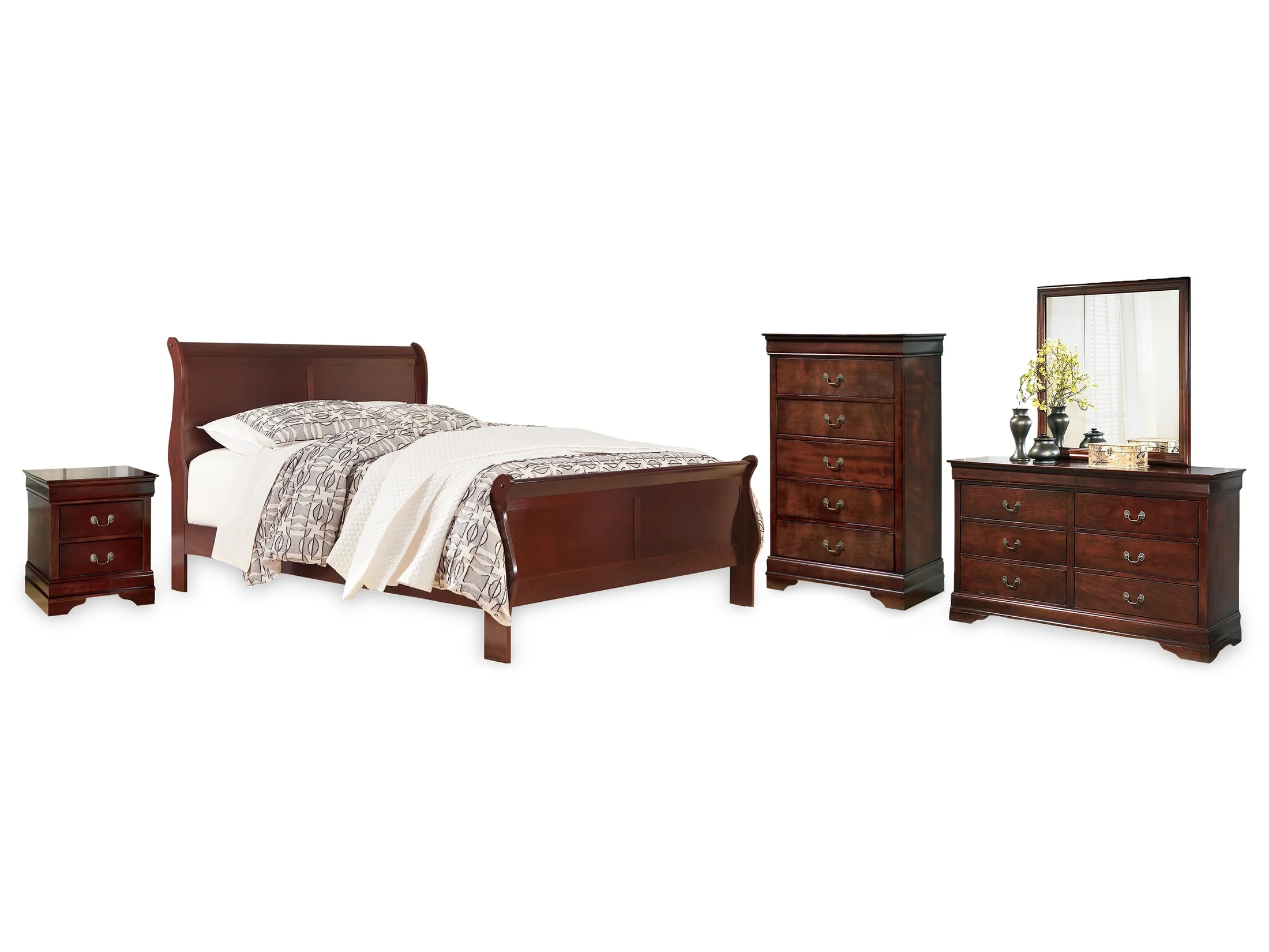 Alisdair Reddish Brown California King Sleigh Bed, Dresser, Mirror, Chest and Nightstand
