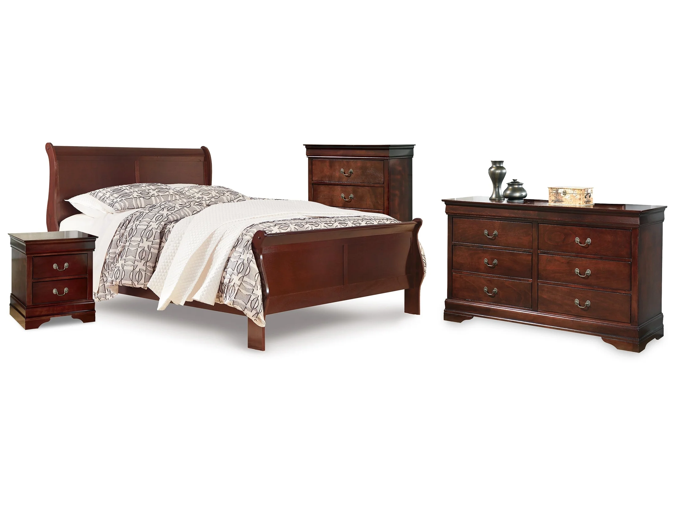 Alisdair Reddish Brown Queen Sleigh Bed, Dresser, Chest and Nightstand