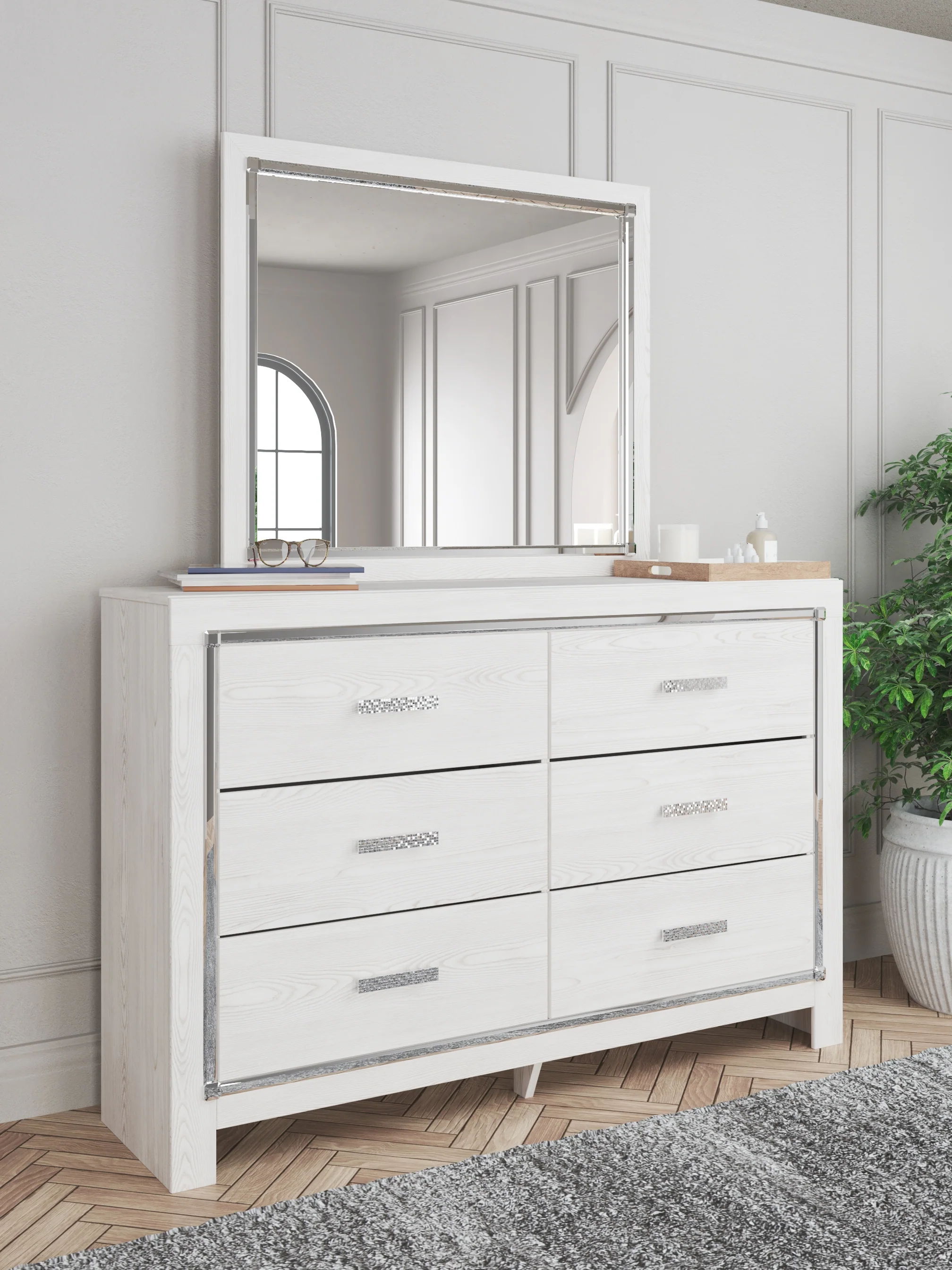 Altyra White Queen Upholstered Panel Storage Bed, Dresser and Mirror - Image 17