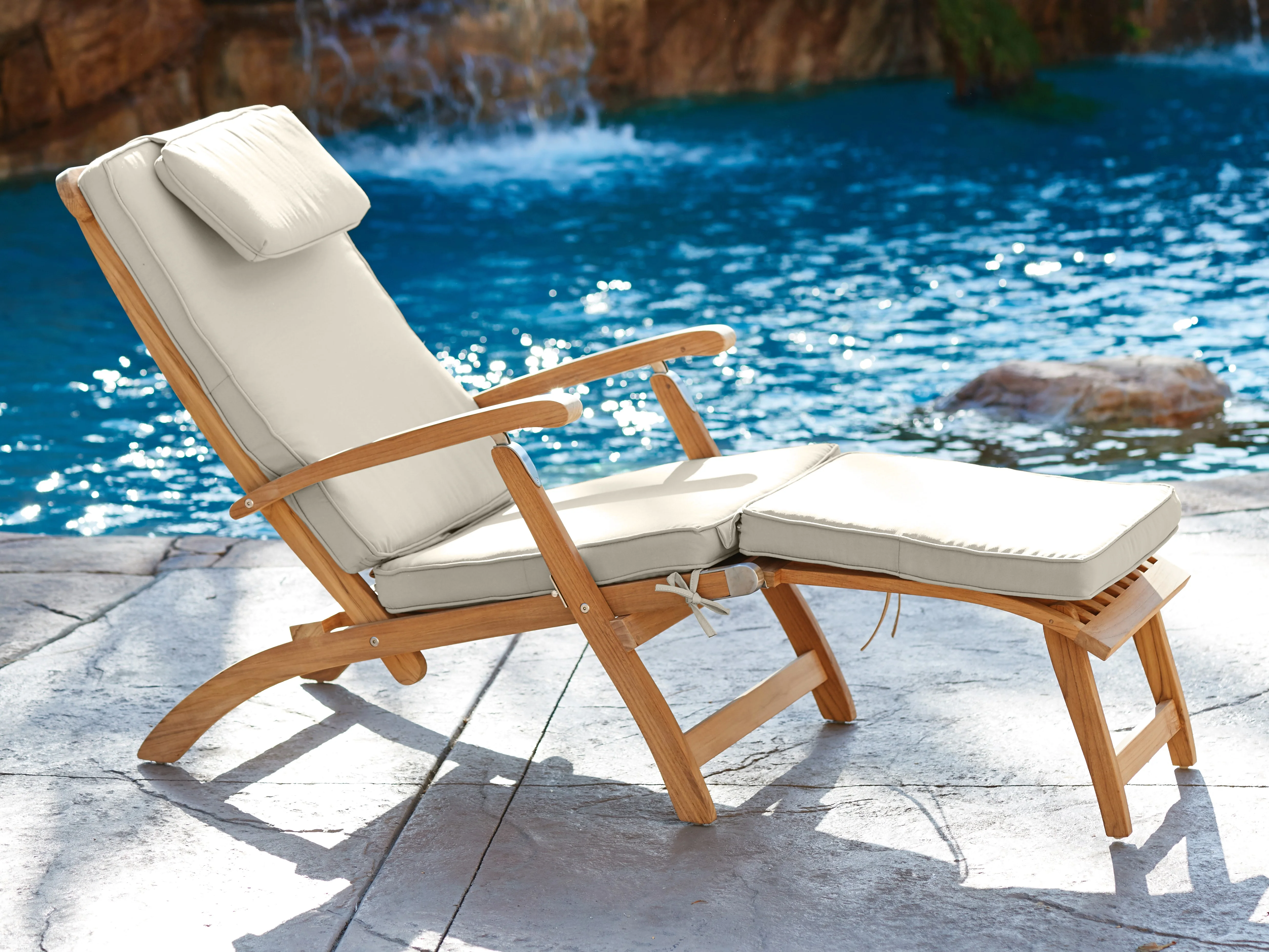 Anders Teak Canvas Outdoor Folding Lounge Deck Chair with Sunbrella® Cushion - Image 4