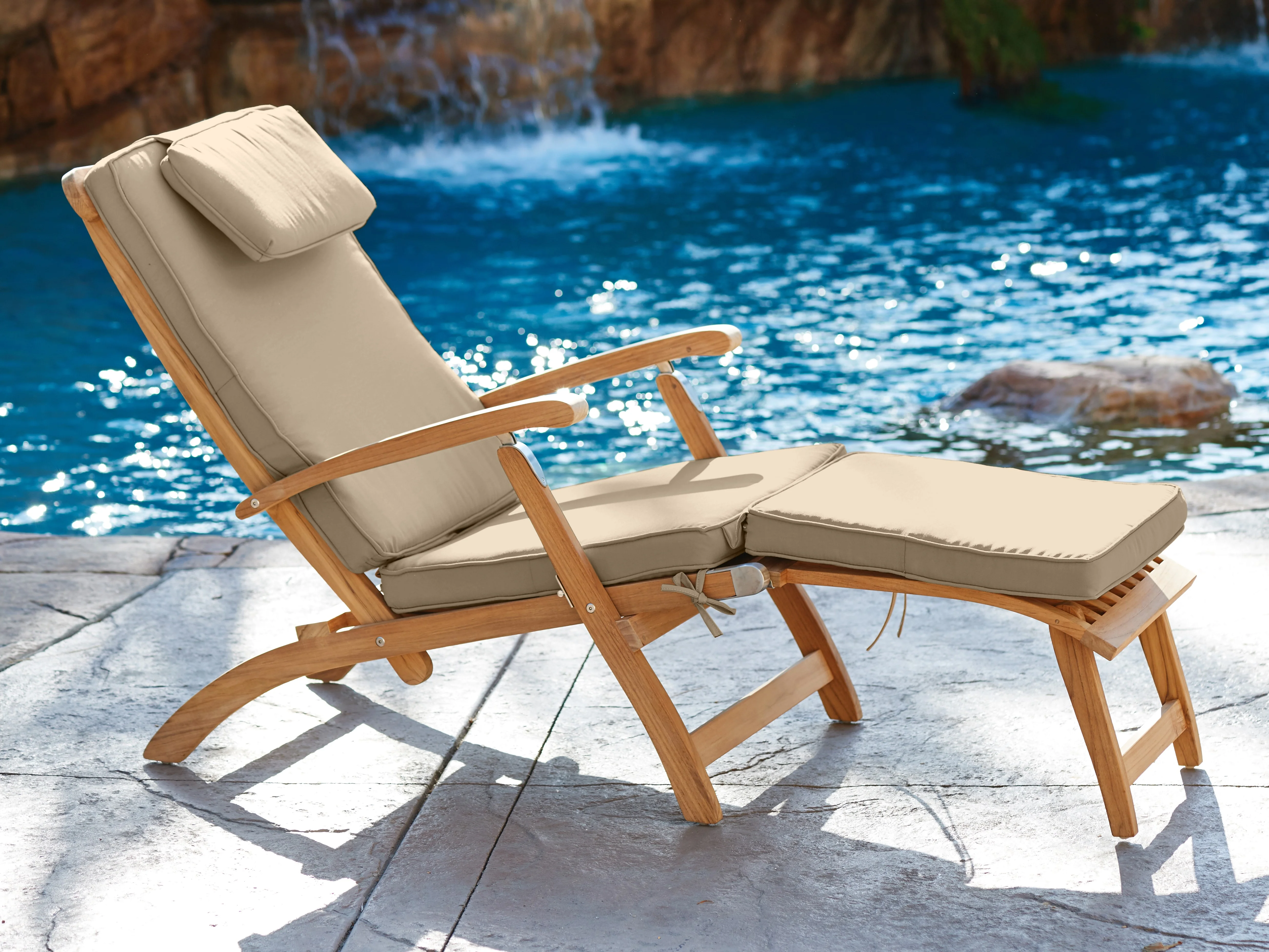 Anders Teak Fawn Outdoor Folding Lounge Deck Chair with Sunbrella® Cushion - Image 4