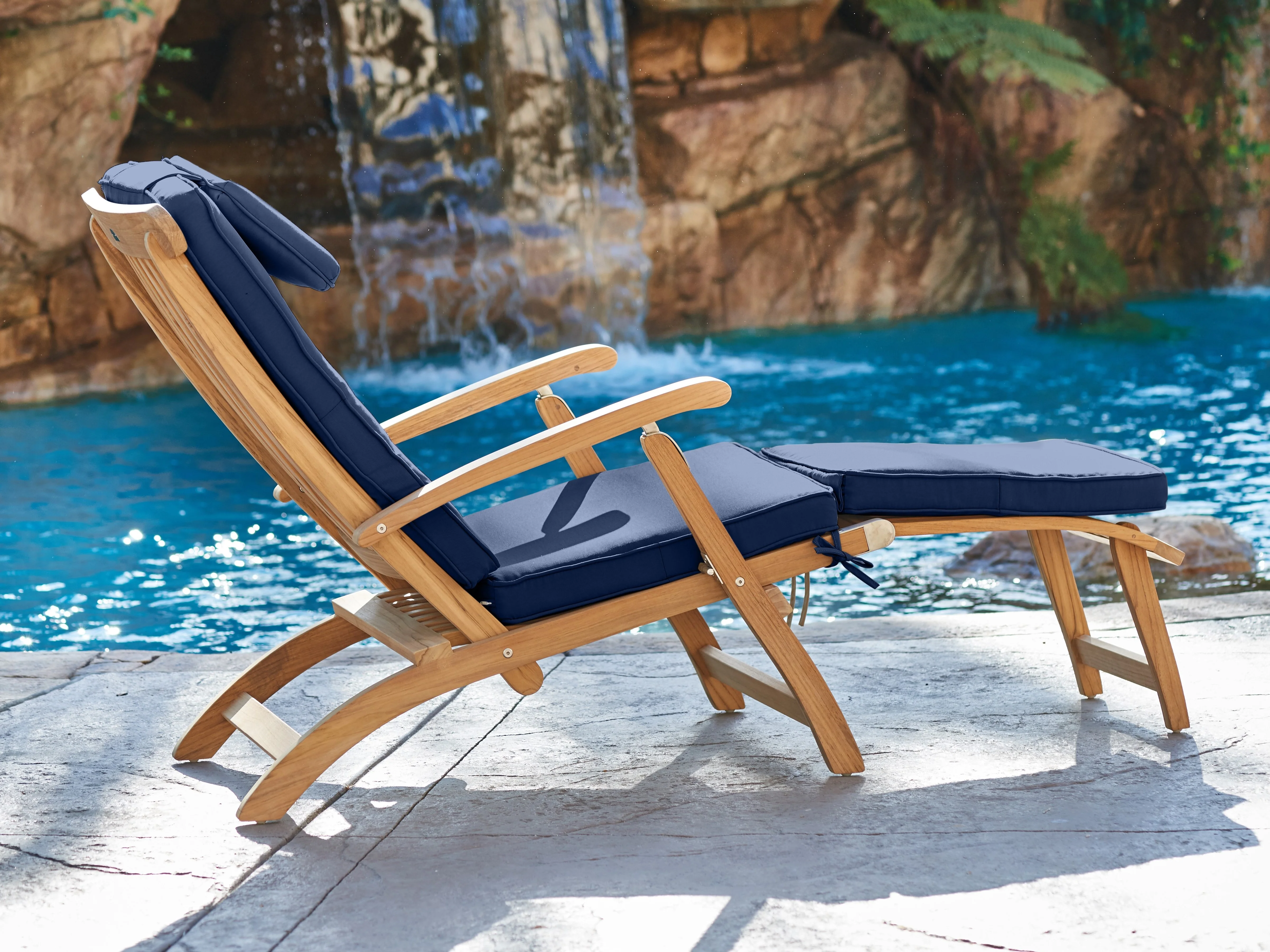 Anders Teak Navy Outdoor Folding Lounge Deck Chair with Sunbrella® Cushion - Image 5