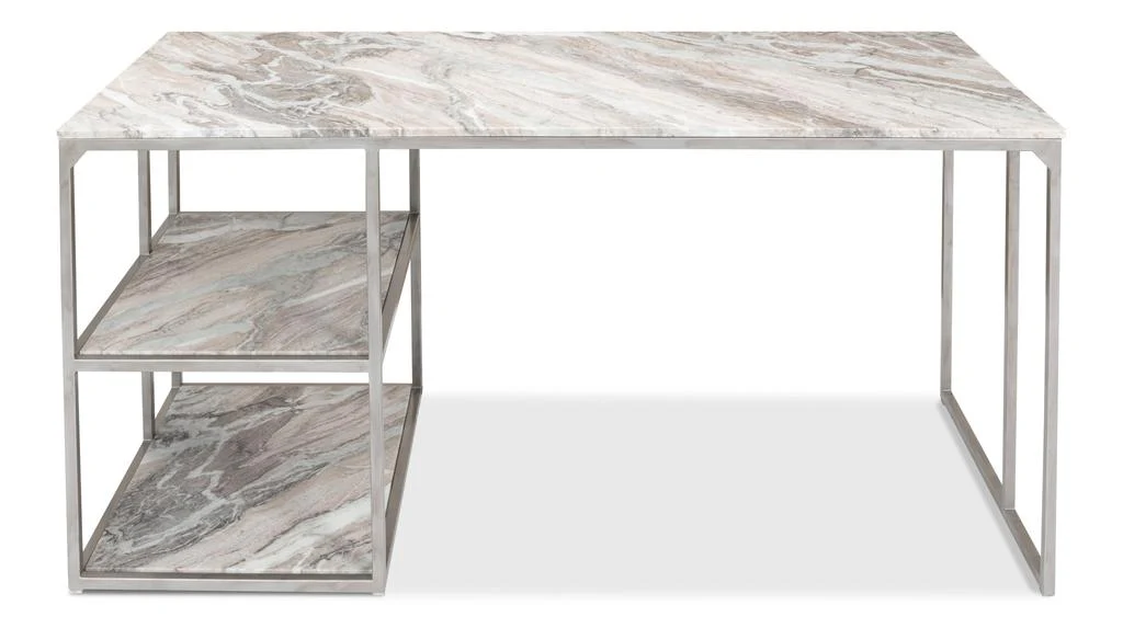 Architect’s Studio Silver Open Desk With Shelves Marble Top - Image 3