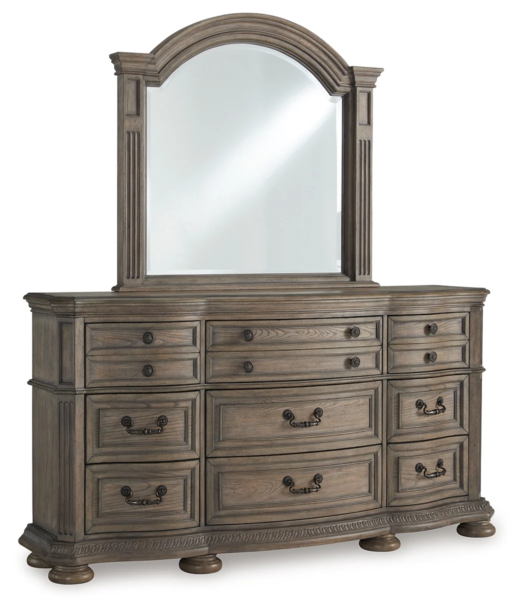 Ardenfield Light Brown Queen Upholstered Sleigh Bed, Dresser and Mirror - Image 2