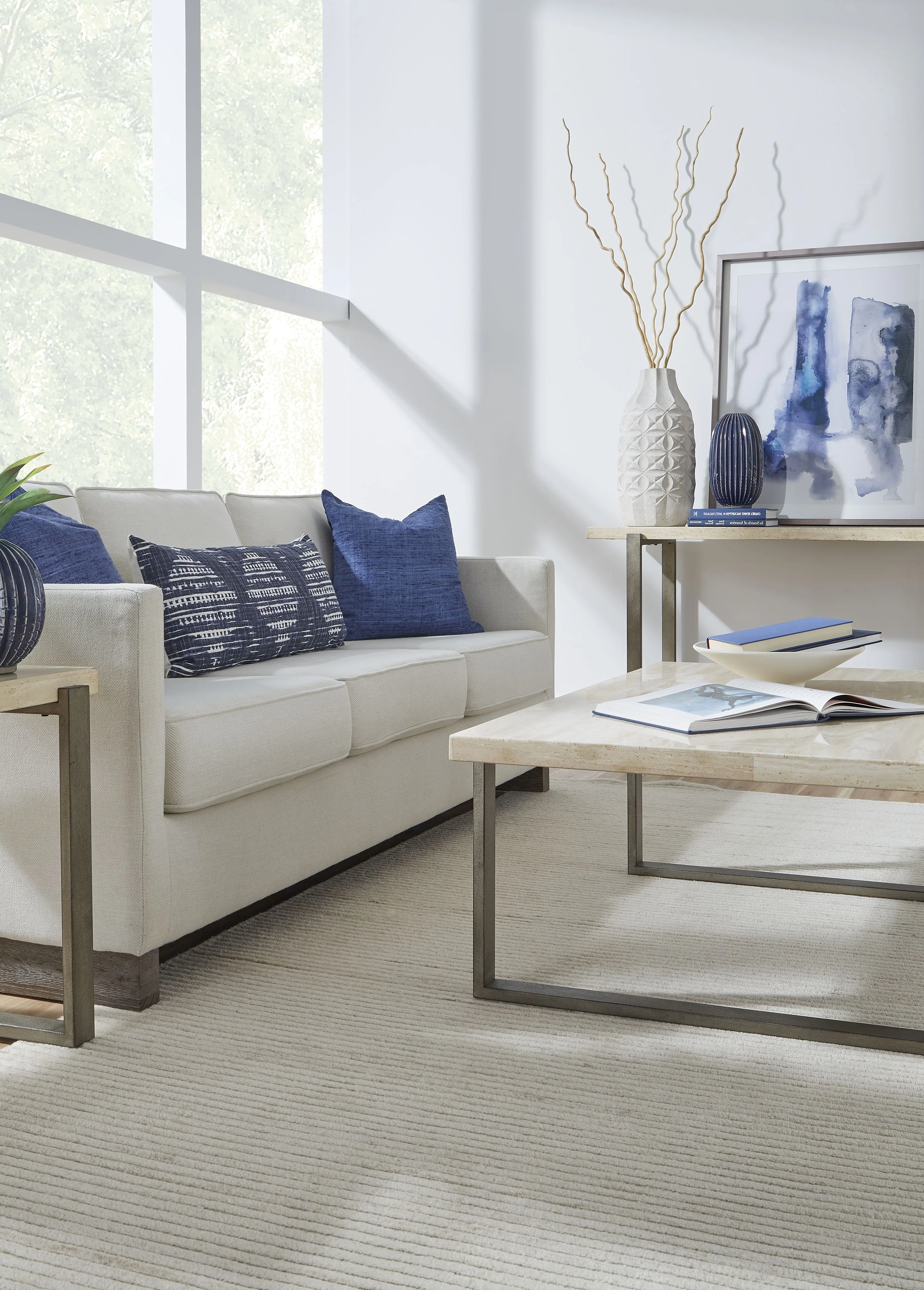 Ariela Natural Travertine Coffee Table with Bronze Metal Base - Image 3