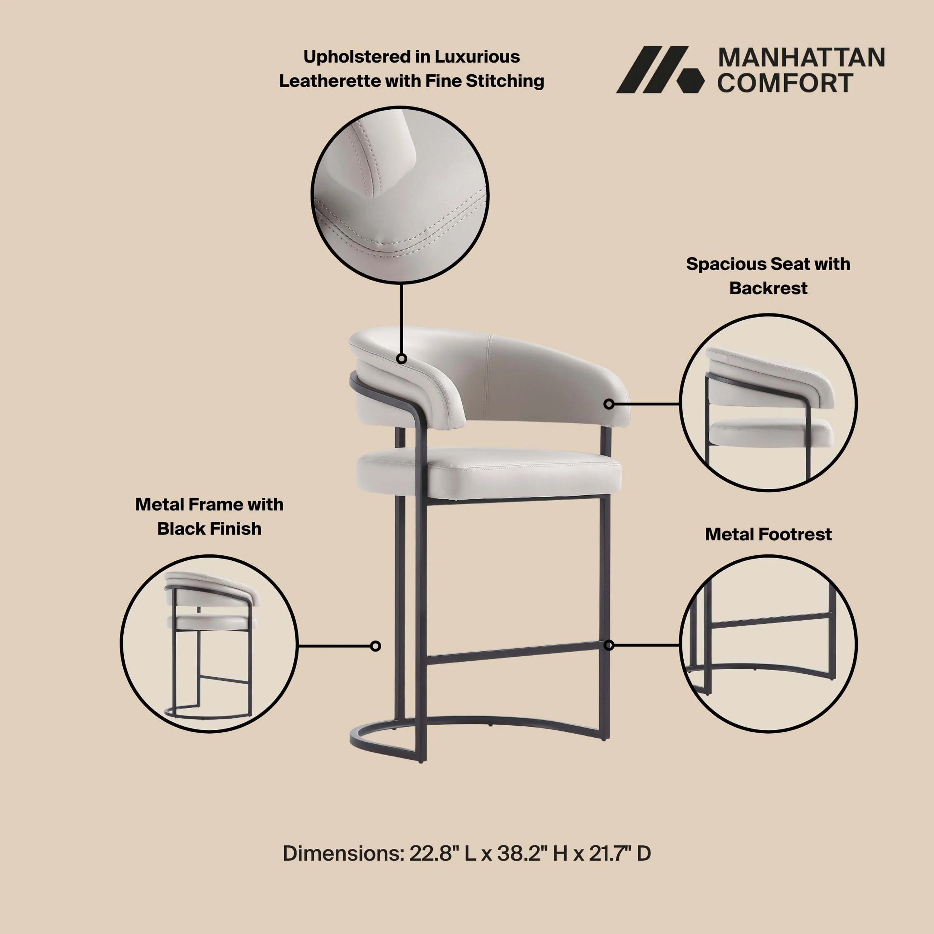Augusta Counter Stool in Light Grey (set of 2) - Image 4