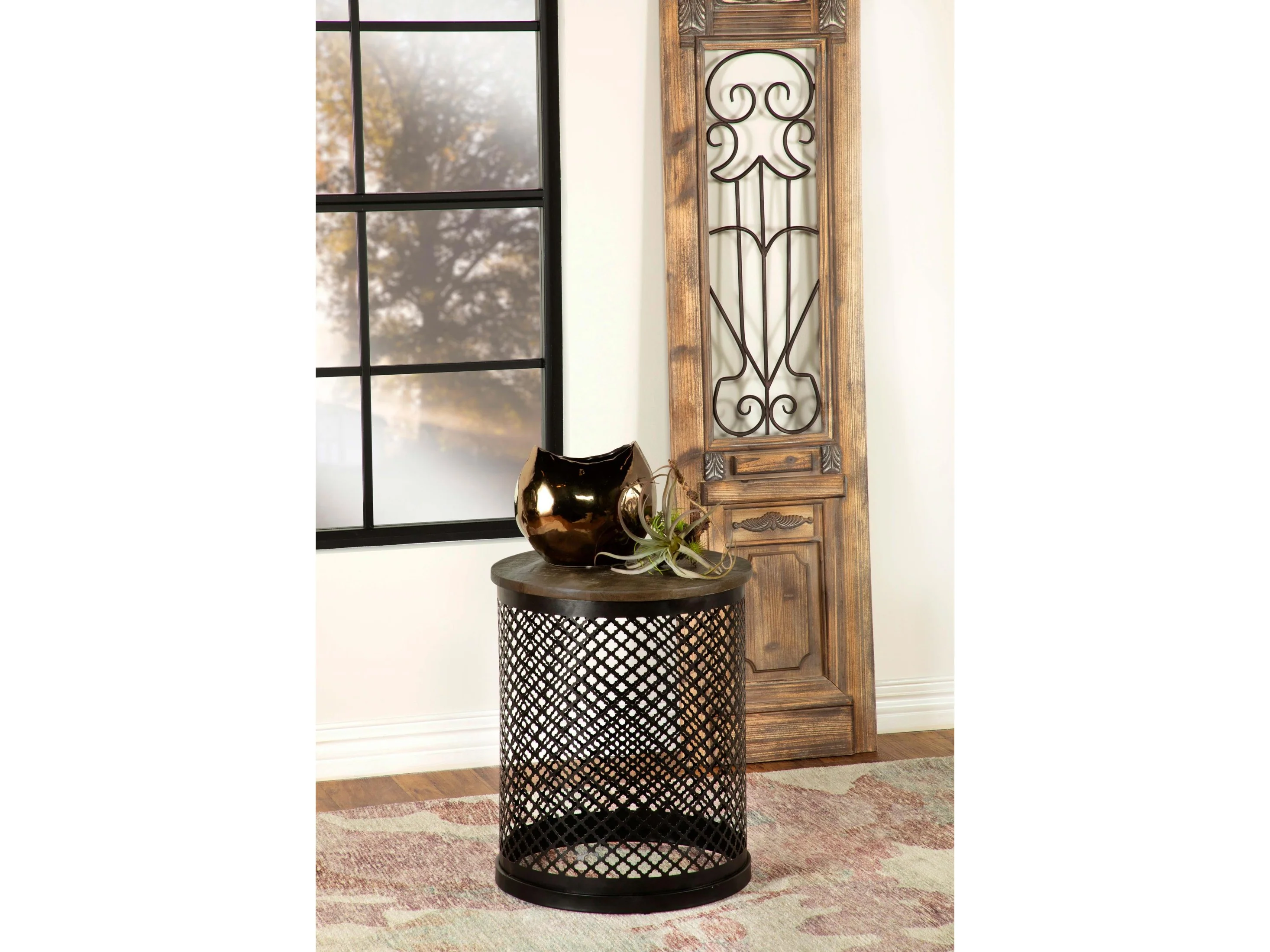Aurora Natural and Black Round Drum Base Accent Side Table