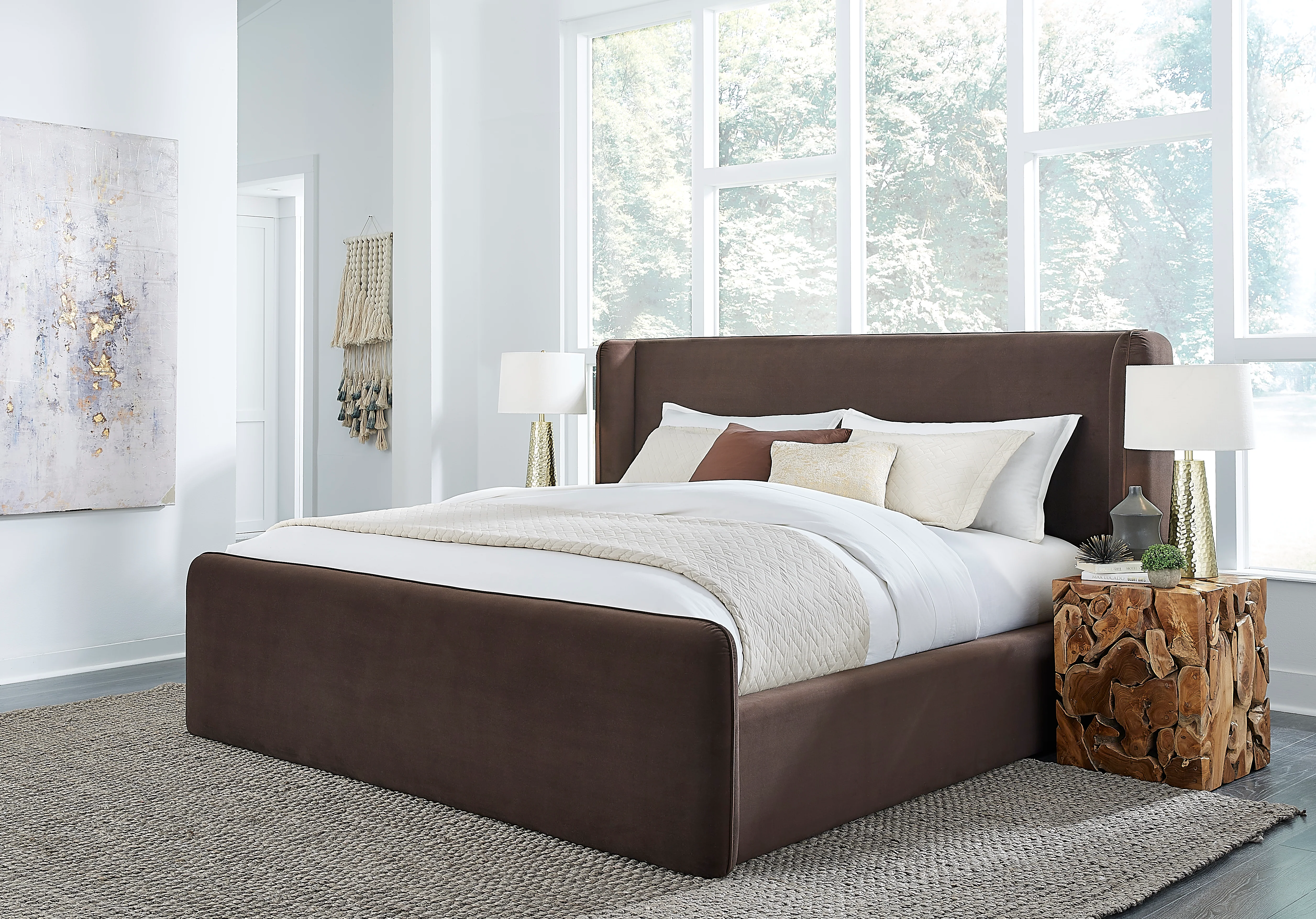 Bacall Velvet Full Upholstered Wingback Platform Bed in Cola - Image 3
