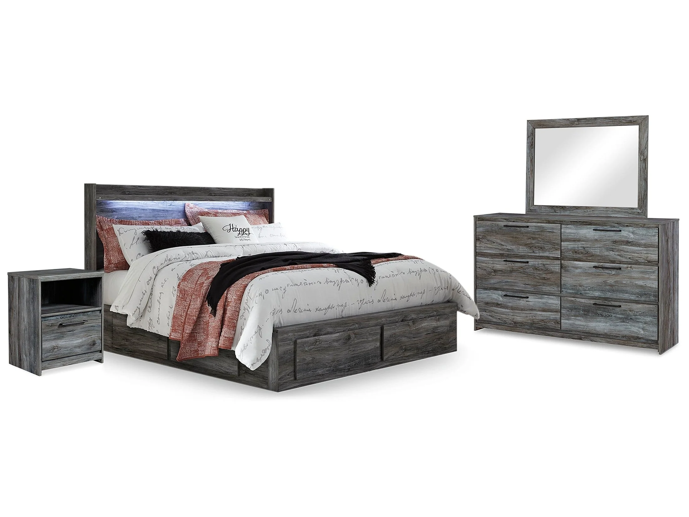 Baystorm Gray King Panel Bed w/Storage & Dresser & Mirror & 2 Nightstands (Online Special Price)