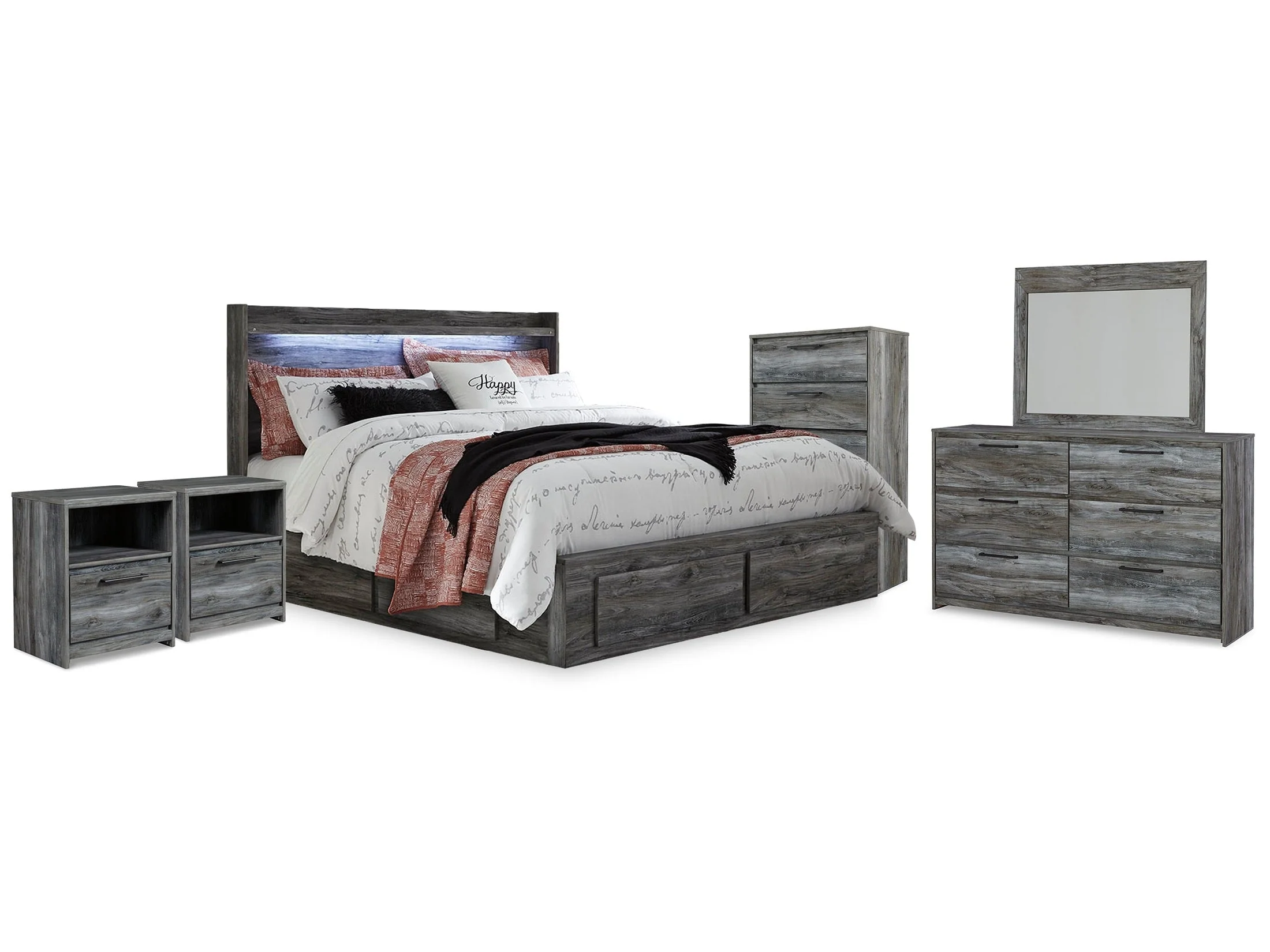 Baystorm Gray King Storage Bedroom Set with Dresser, Mirror, Chest and 2 Nightstands (Online Special Price)