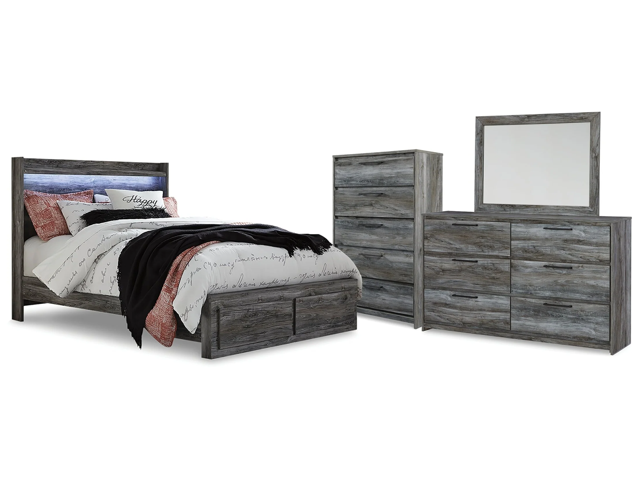 Baystorm Gray Queen Storage Bedroom Set with Dresser, Mirror and Chest