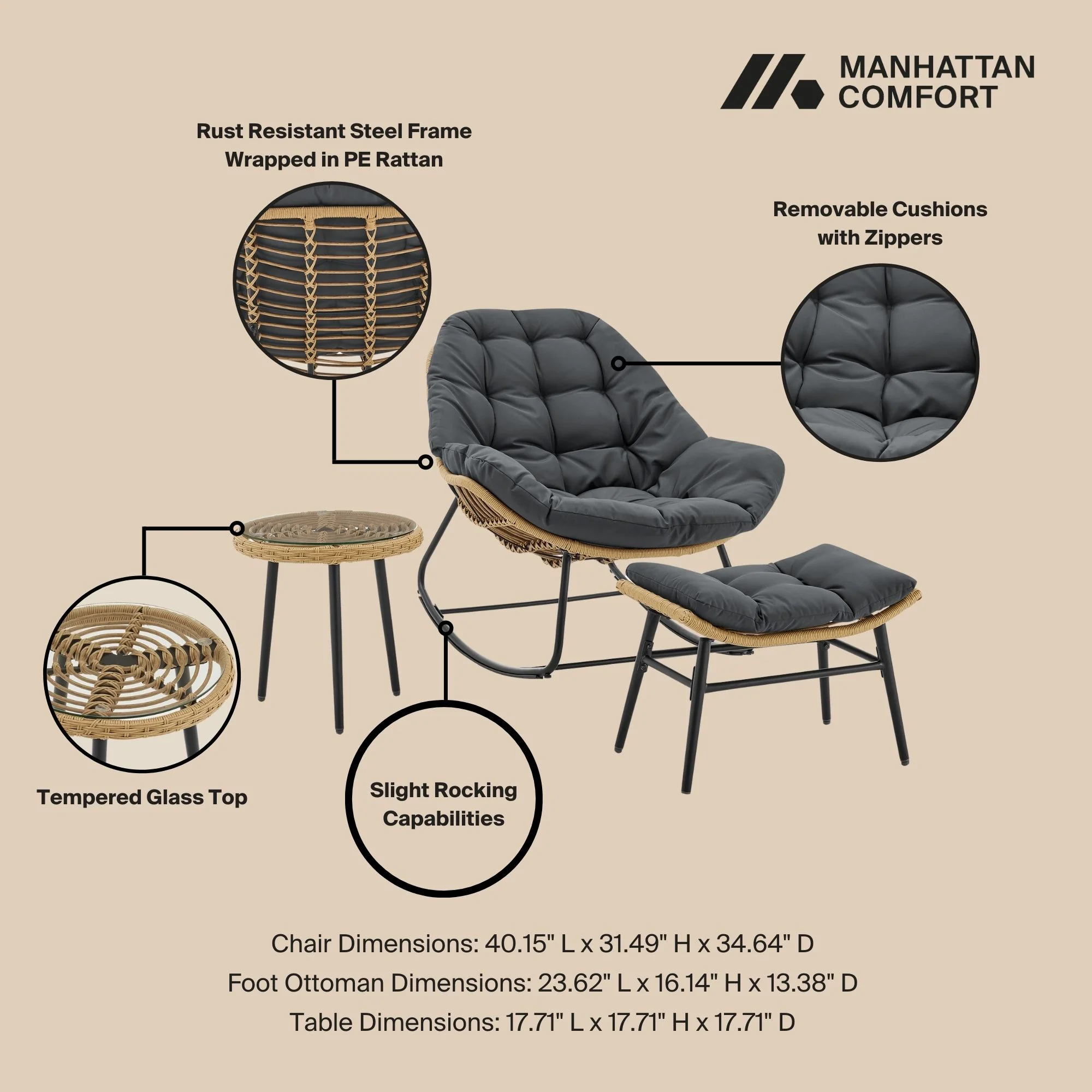 Benson 6-Piece Patio Rocking Chair Set with Ottomans and Tables in Grey - Image 4
