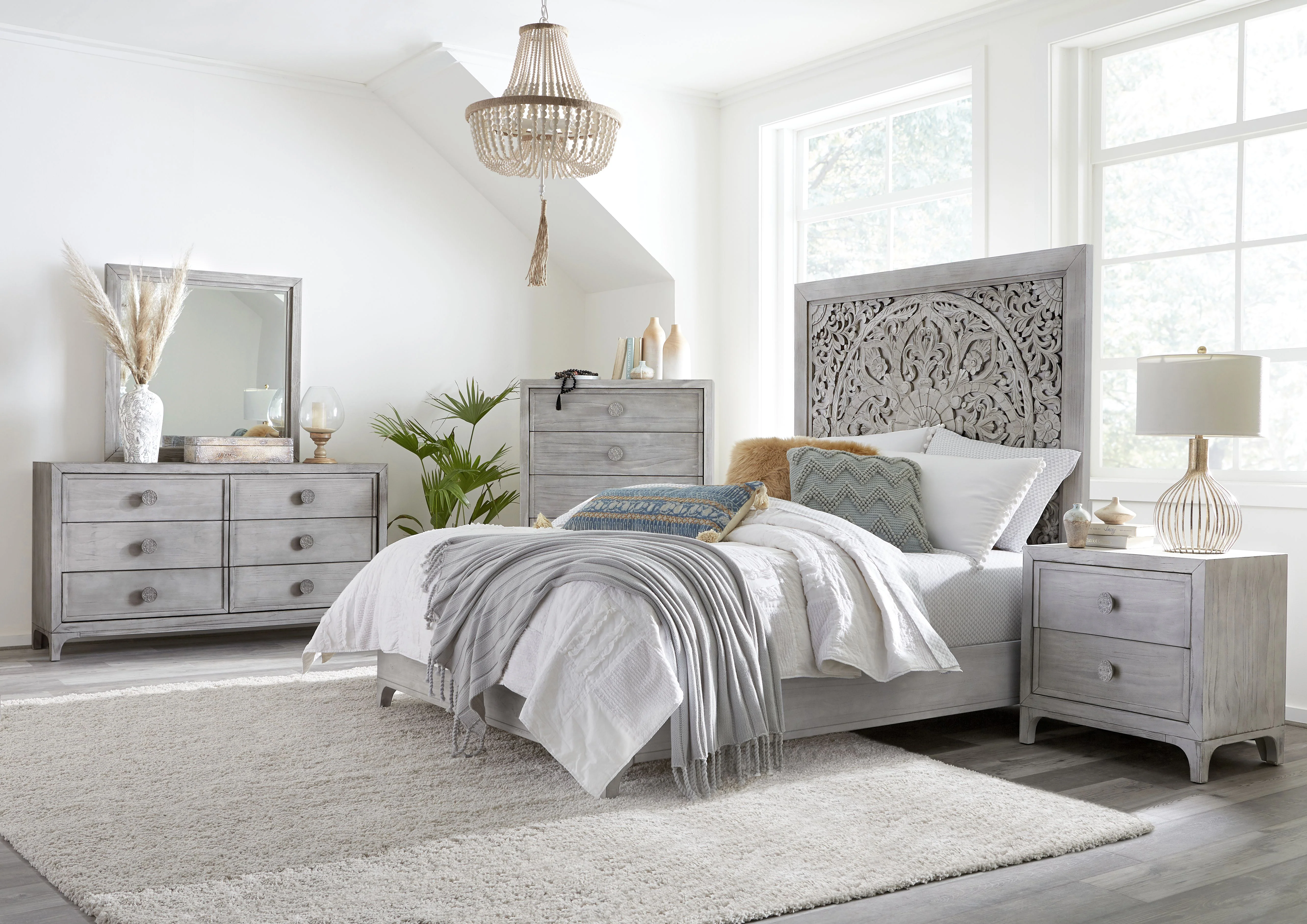 Boho Chic Carved Full Platform Bed in Washed White - Image 2
