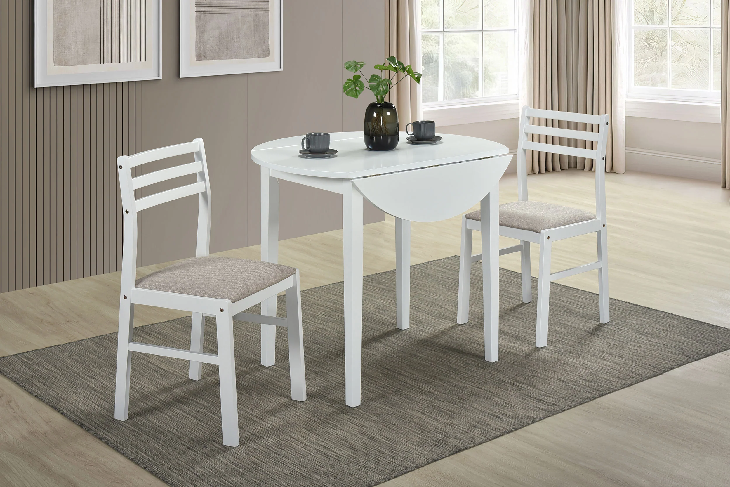 Bucknell White 3-piece Round Drop Leaf Dining Table Set - Image 3