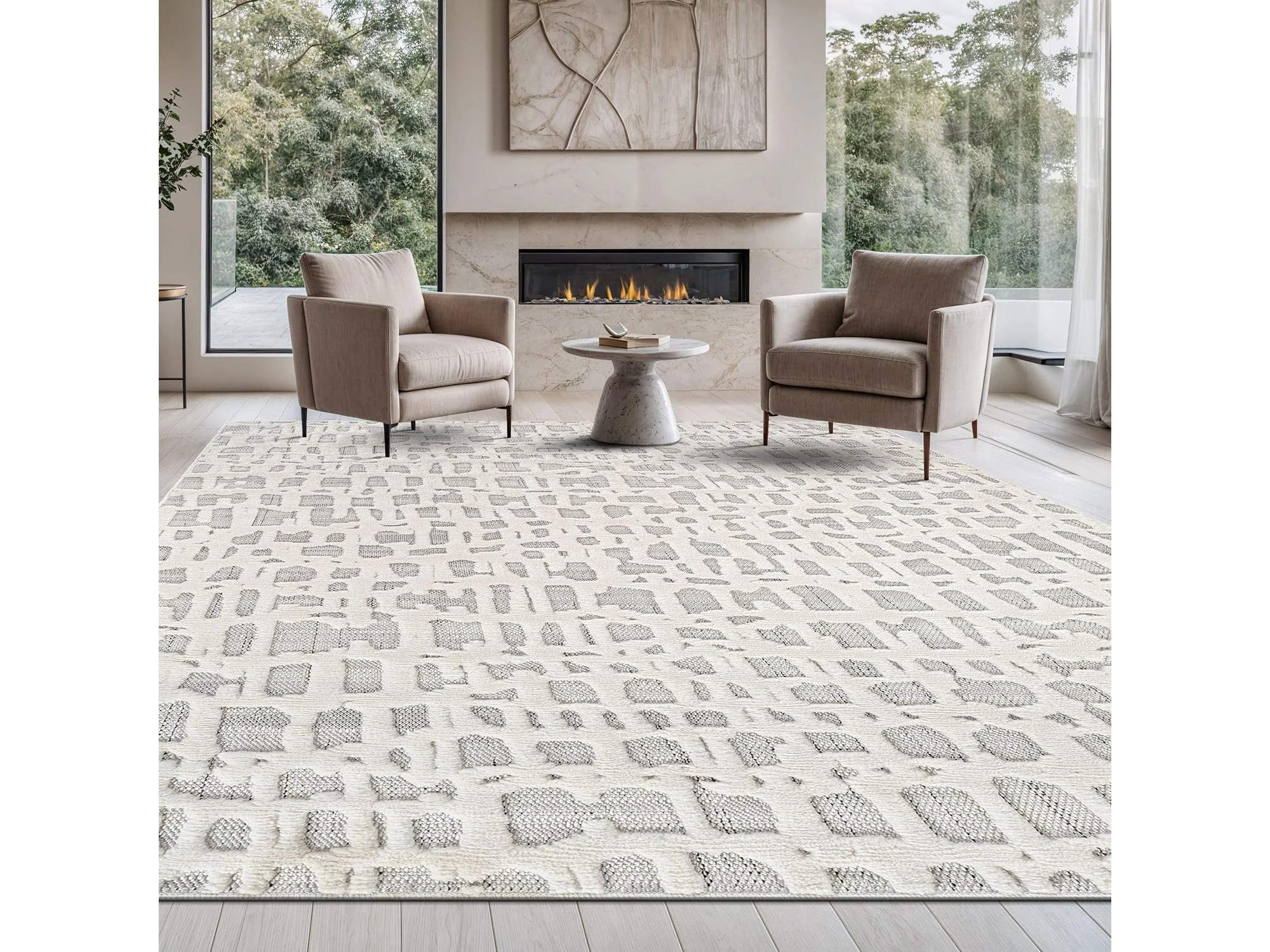 Bunny Gray White Irregular Grid Micro Loop Soft Non Shedding Area Rugs