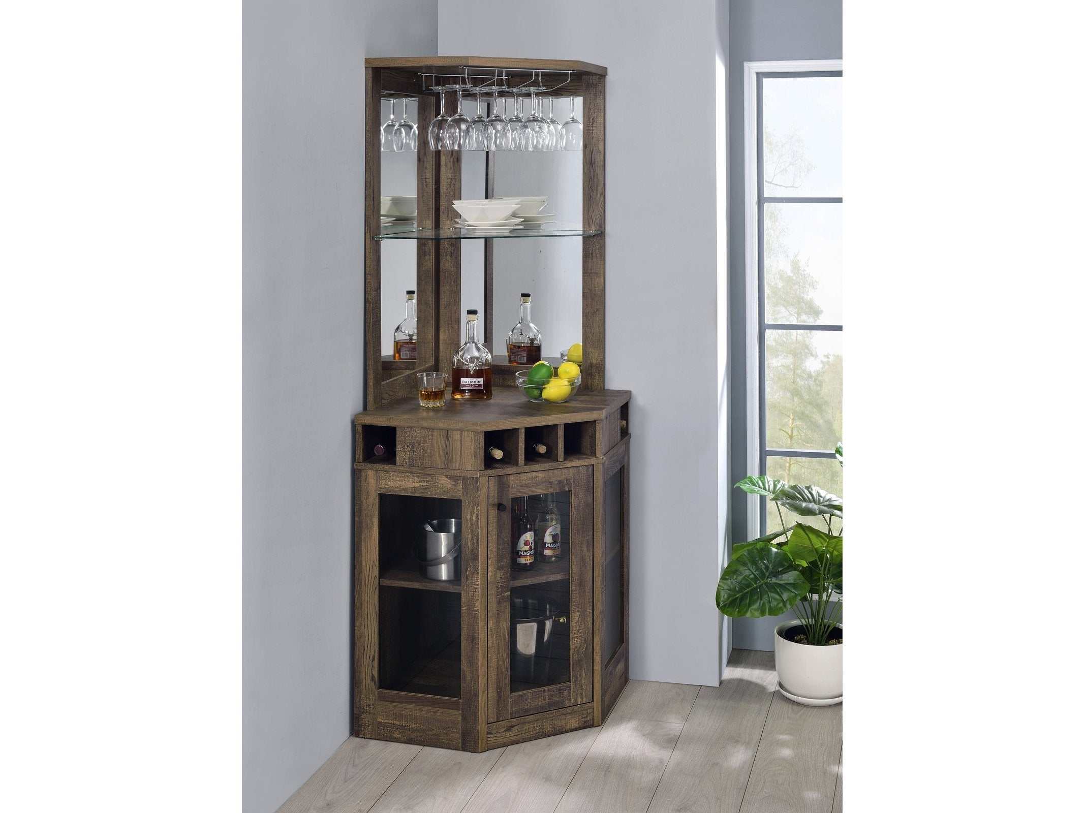 Cade Rustic Oak Corner Bar Cabinet w/ Stemware Rack