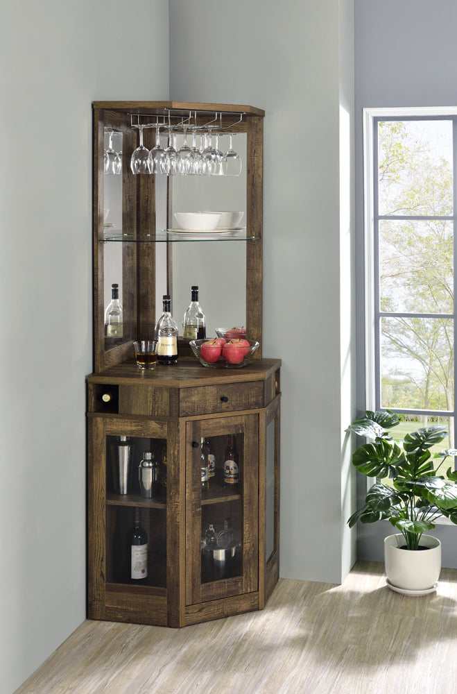 Cade Rustic Oak Corner Bar Cabinet w/ Stemware Rack - Image 2