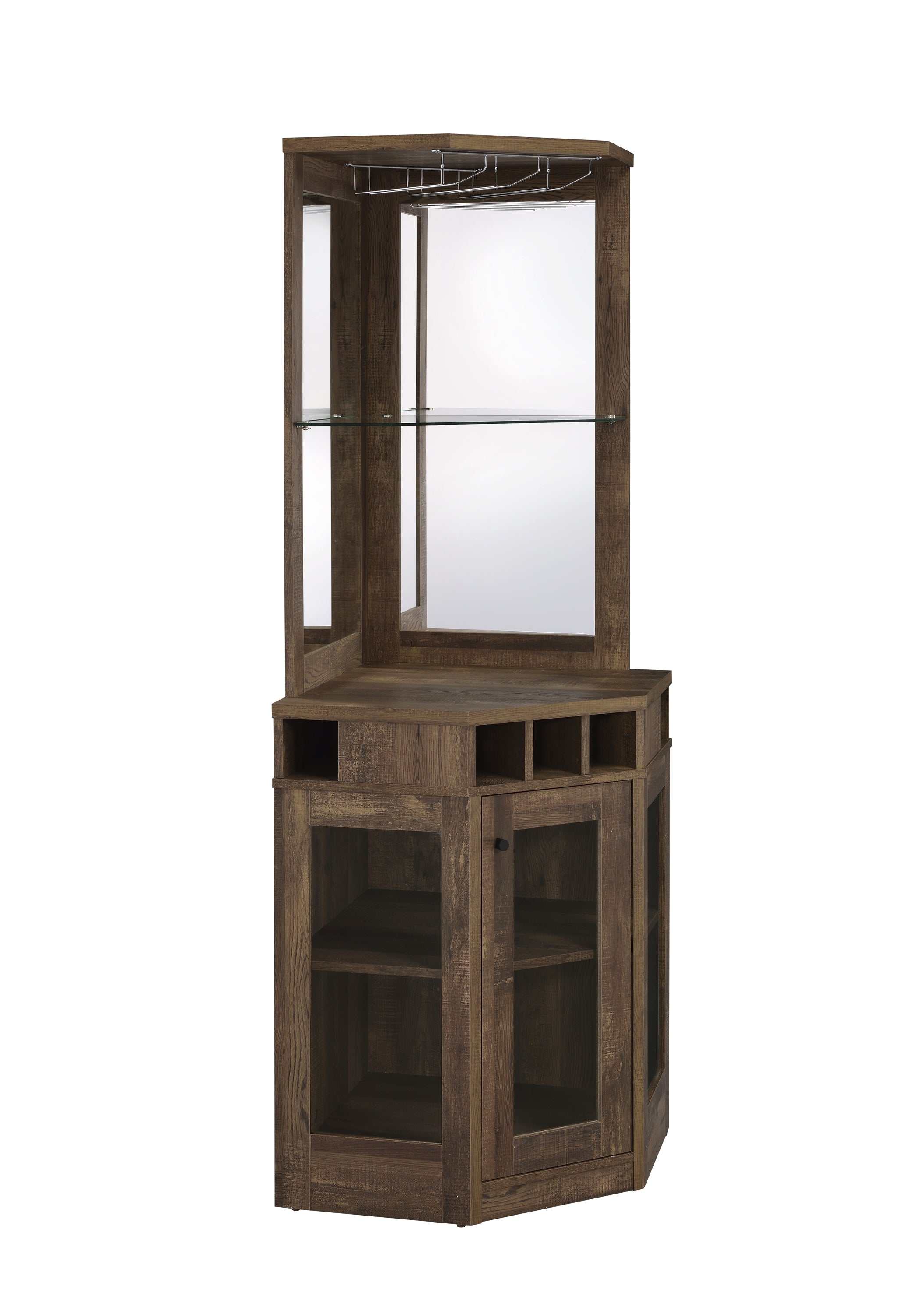 Cade Rustic Oak Corner Bar Cabinet w/ Stemware Rack - Image 3