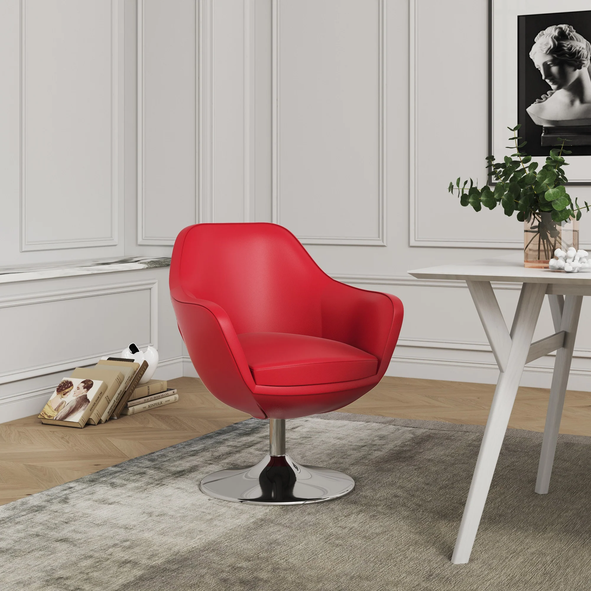 Caisson Faux Leather Swivel Accent Chair in Red and Polished Chrome - Image 2