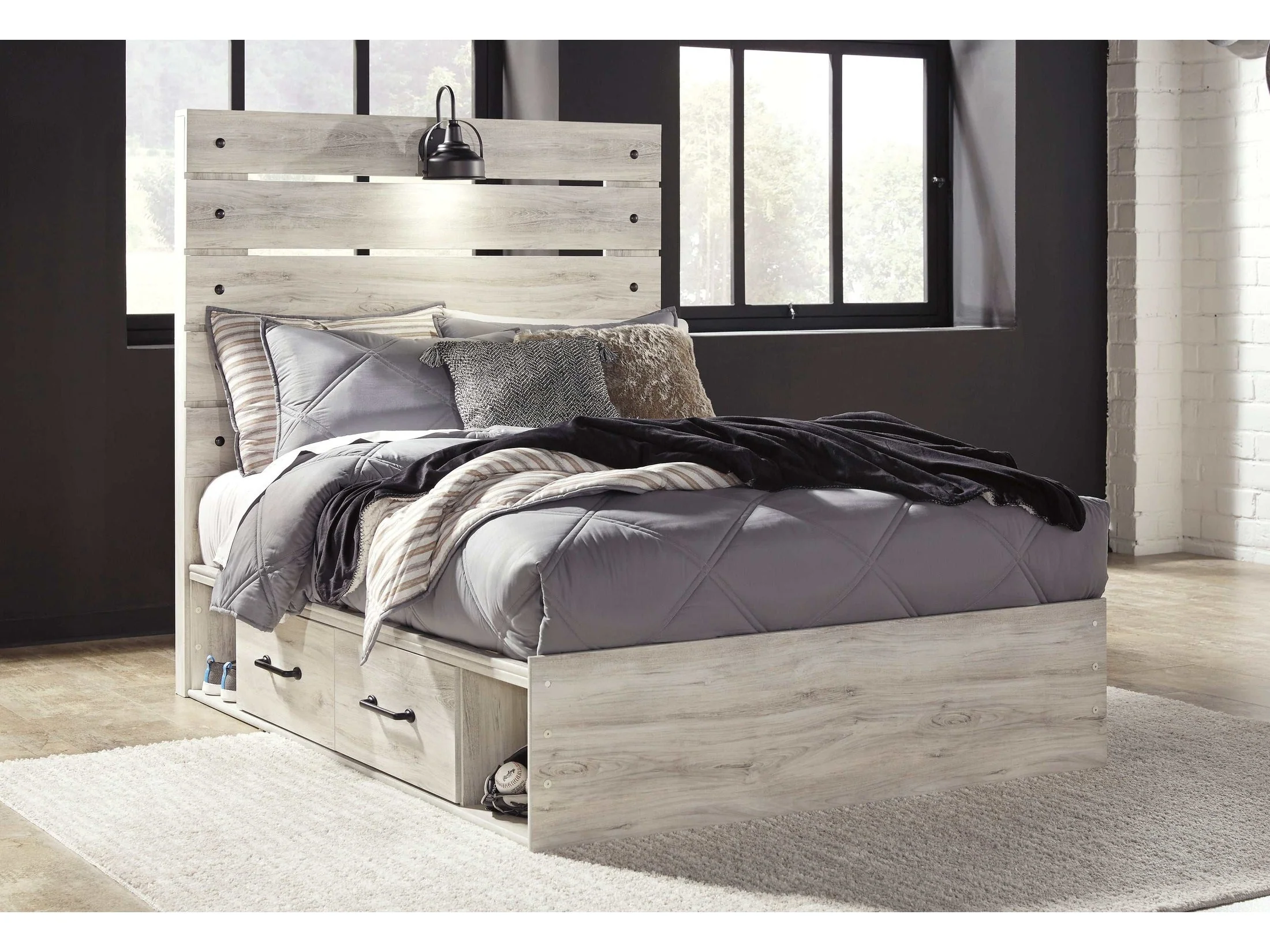 Cambeck Whitewash Full Panel Youth Bed w/ 2 Storage Drawers (Online Special Price)