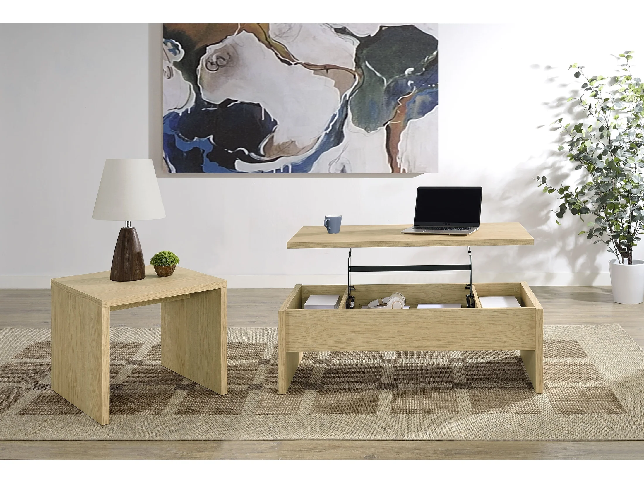 Canoga Light Oak 2-piece Lift Top Cocktail Coffee Table Set