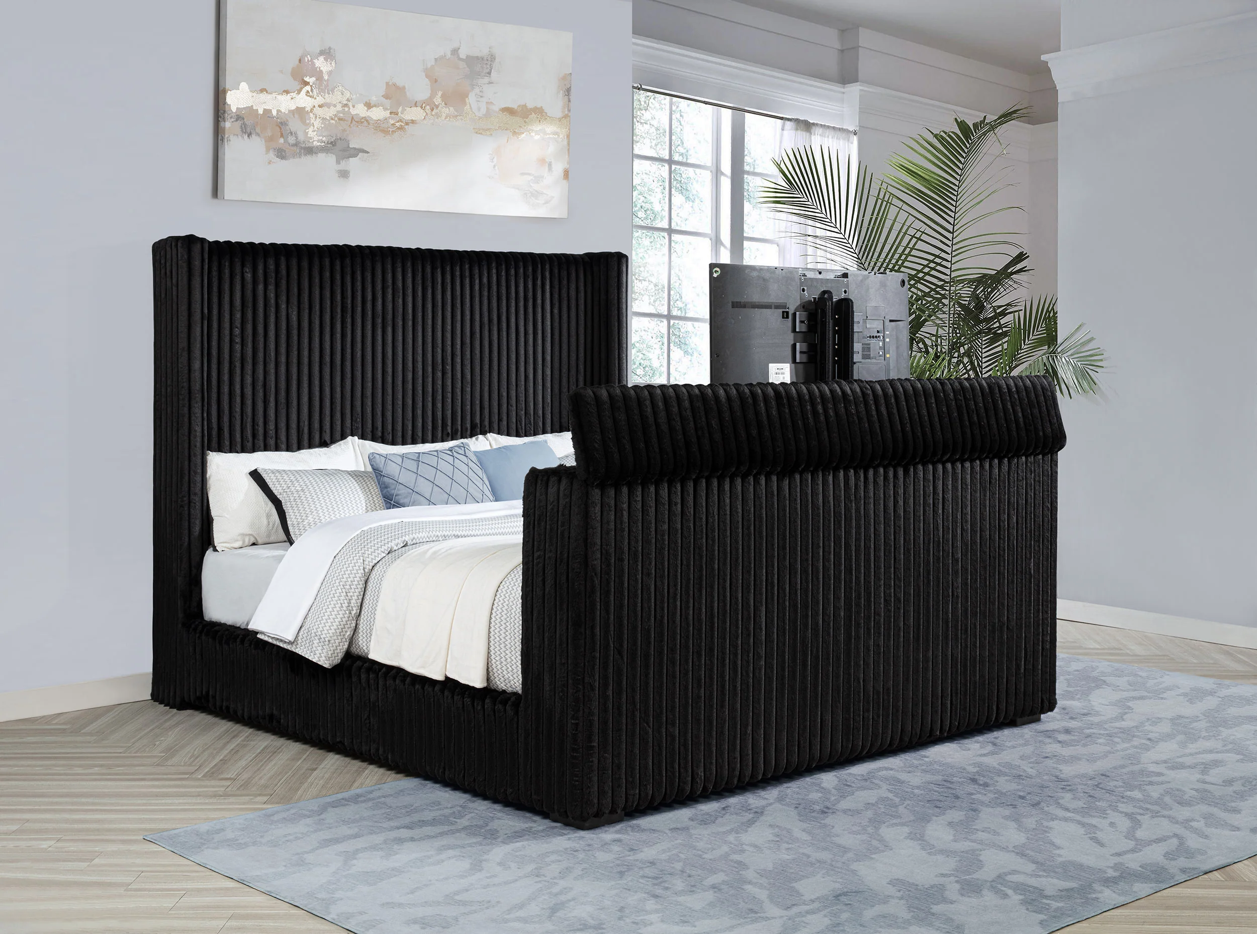 Centergrove Black Upholstered Eastern King Wingback TV Bed - Image 3