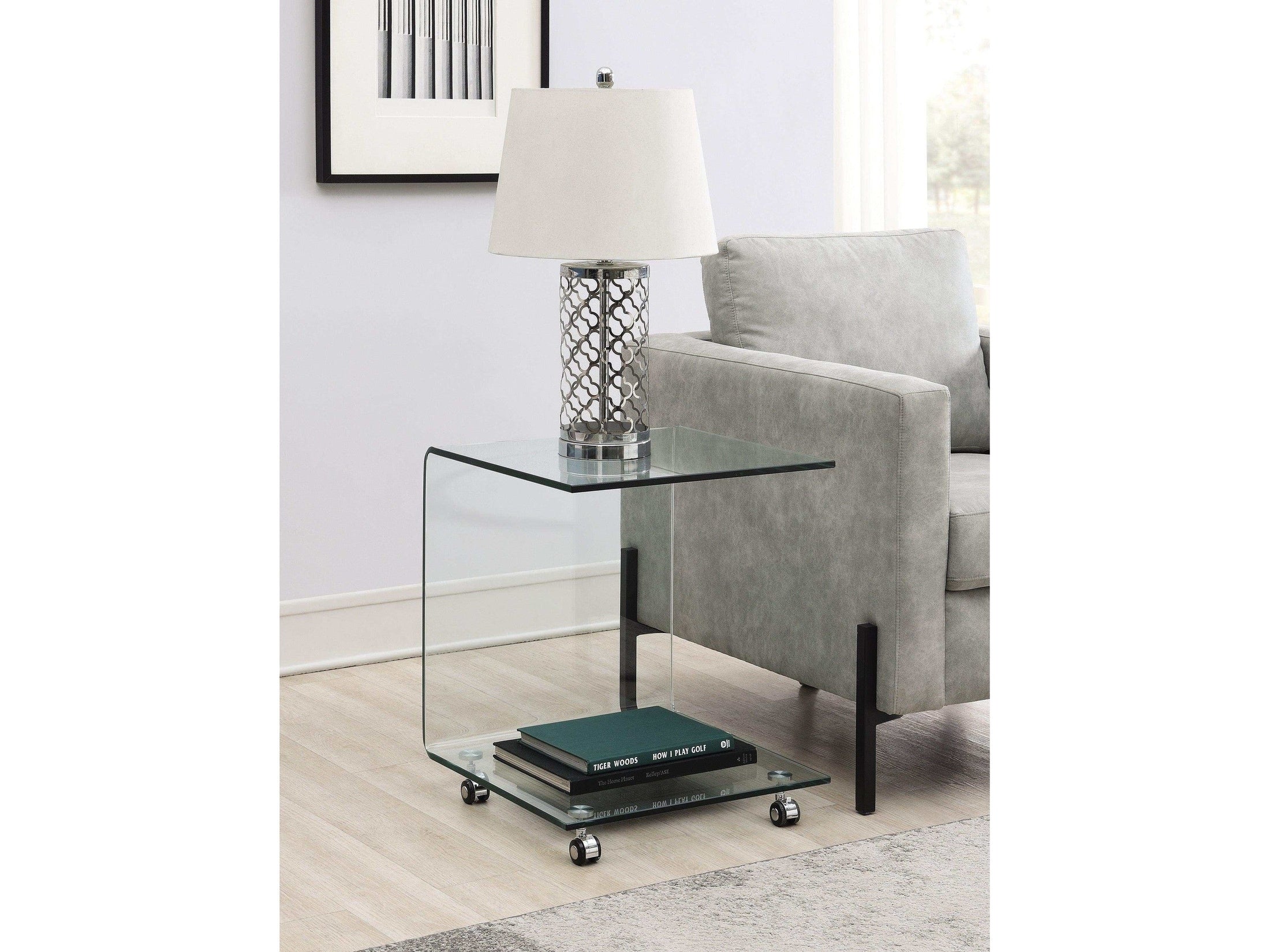 Chita Glass CShaped Accent Table w/ Casters