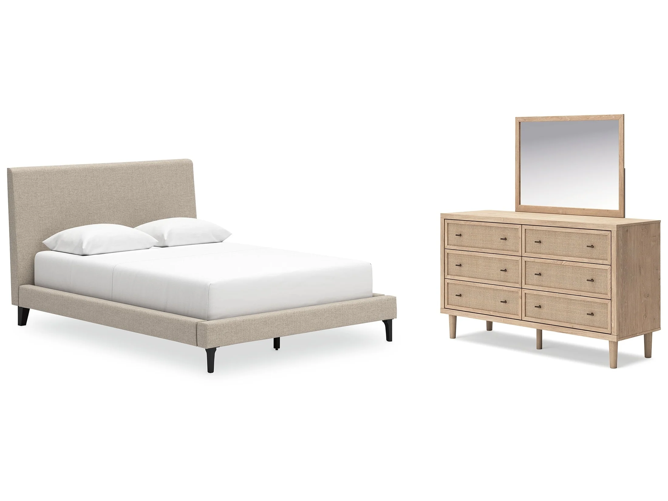 Cielden Two-tone/Soft Gray Queen Upholstered Bed, Dresser and Mirror (Online Special Price)