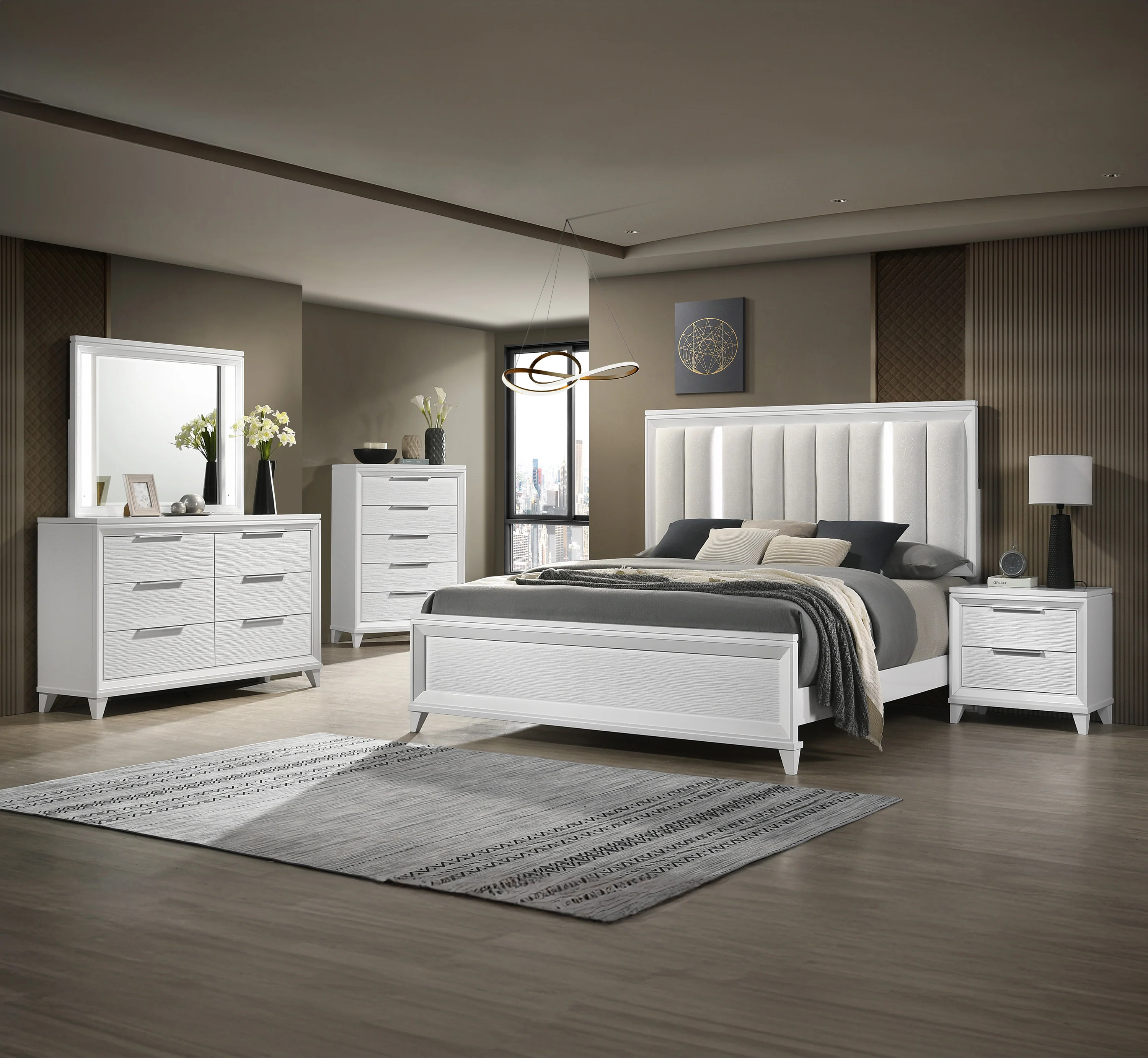 Cressida White Queen Upholstered LED Panel Bed - Image 5
