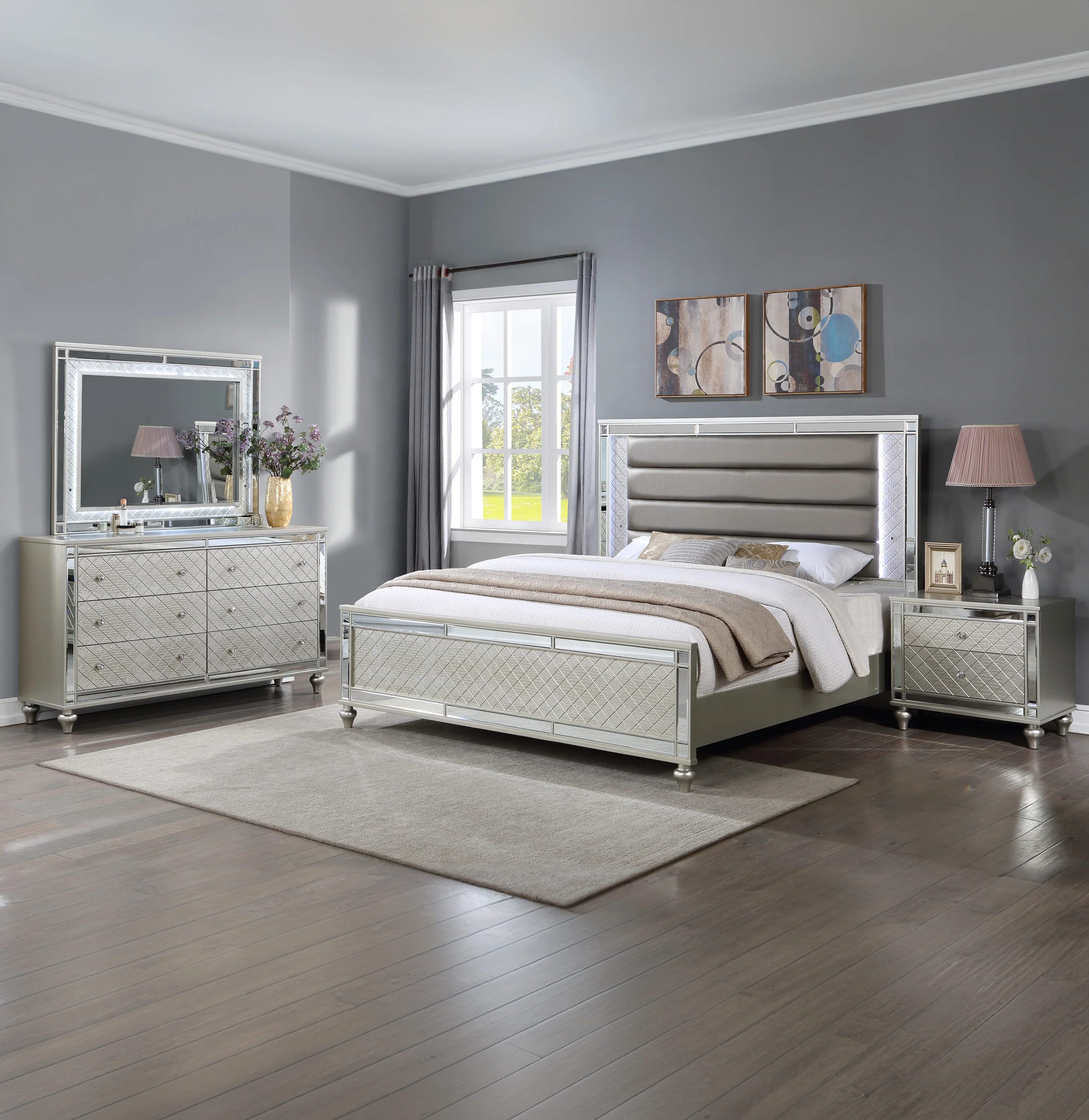 Cristian Champagne Queen LED Upholstered Panel Bed - Image 5