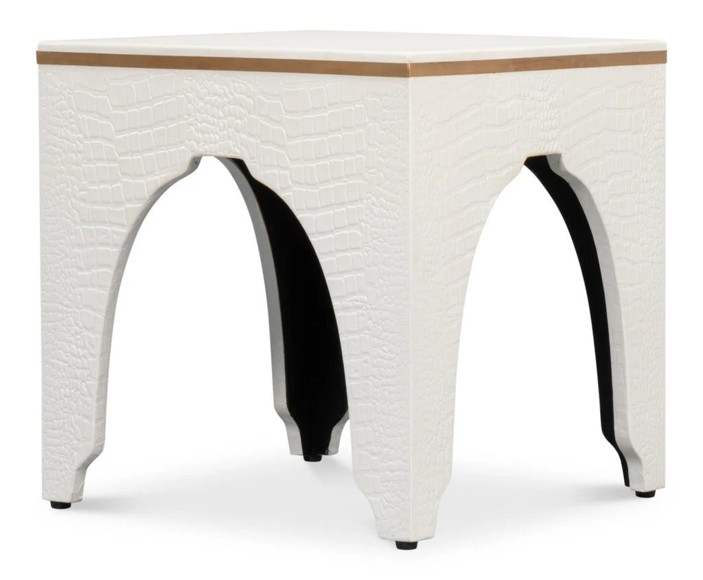 Croco Embossed Ivory Leather Stool - Image 2