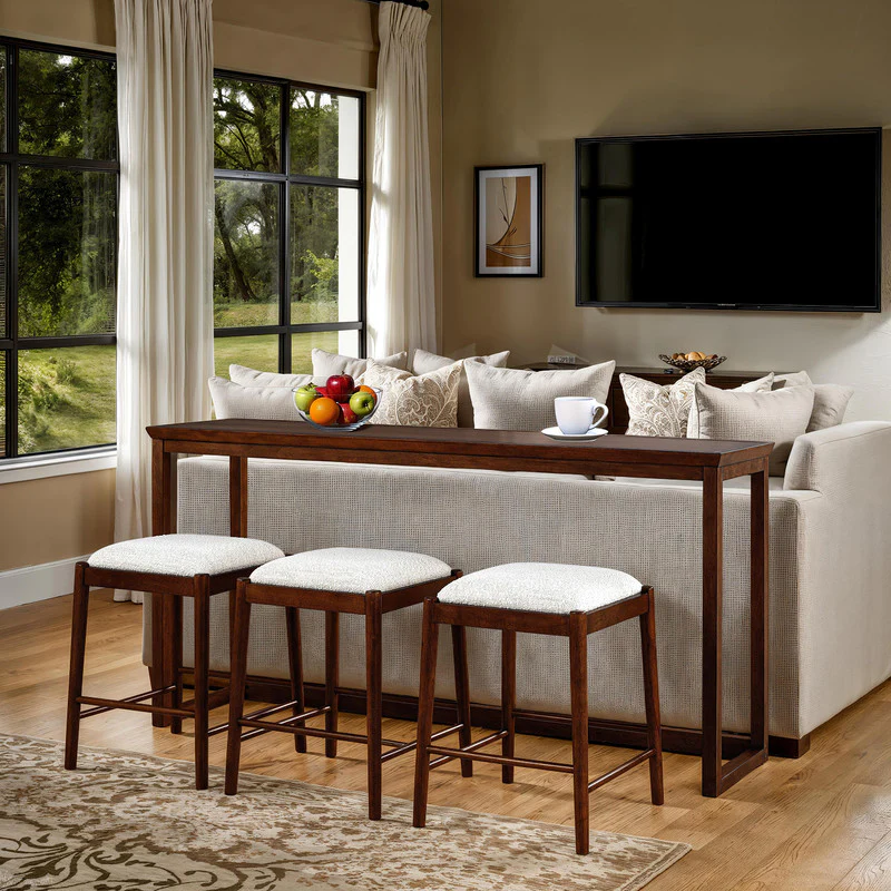Daventry Walnut/Beige Sofa Table w/ 3 Backless Counter Ht Stools - Image 2
