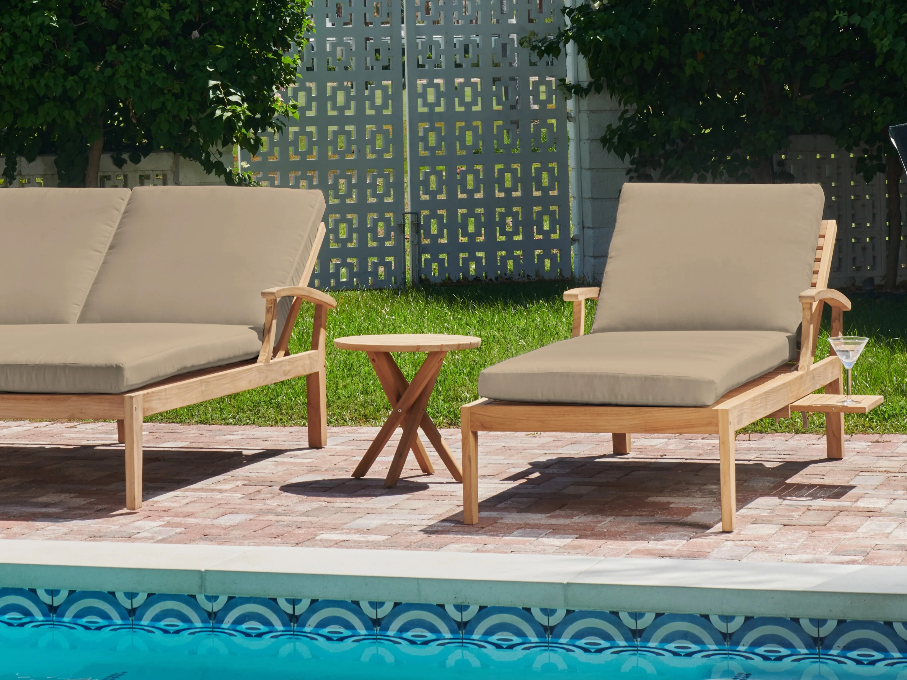 Delano Teak Fawn Outdoor Reclining Sunlounger with Sunbrella® Cushion and Slide-out Tray - Image 4