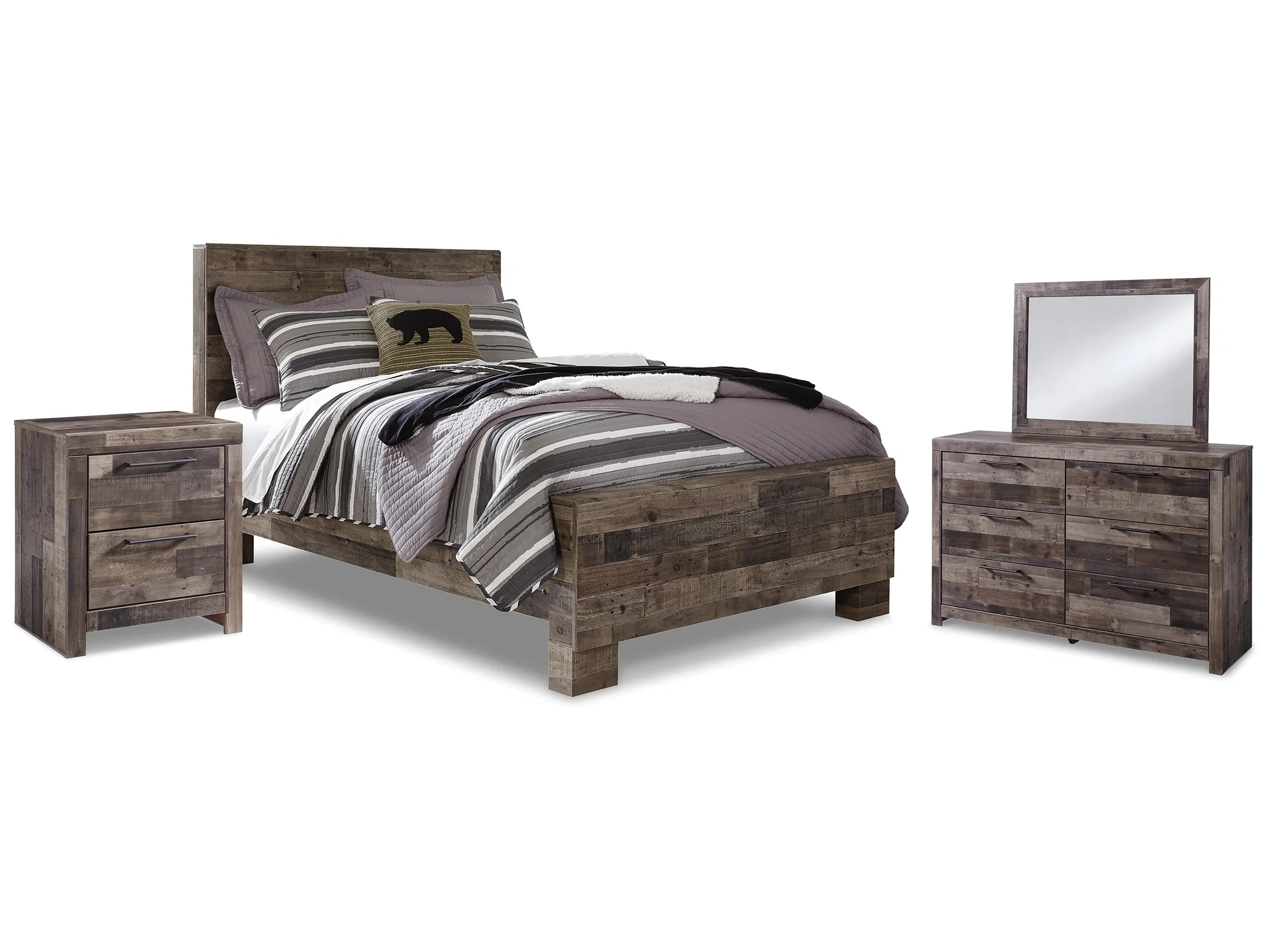 Derekson Multi Gray Full Panel Bedroom Set with Dresser, Mirror and Nightstand
