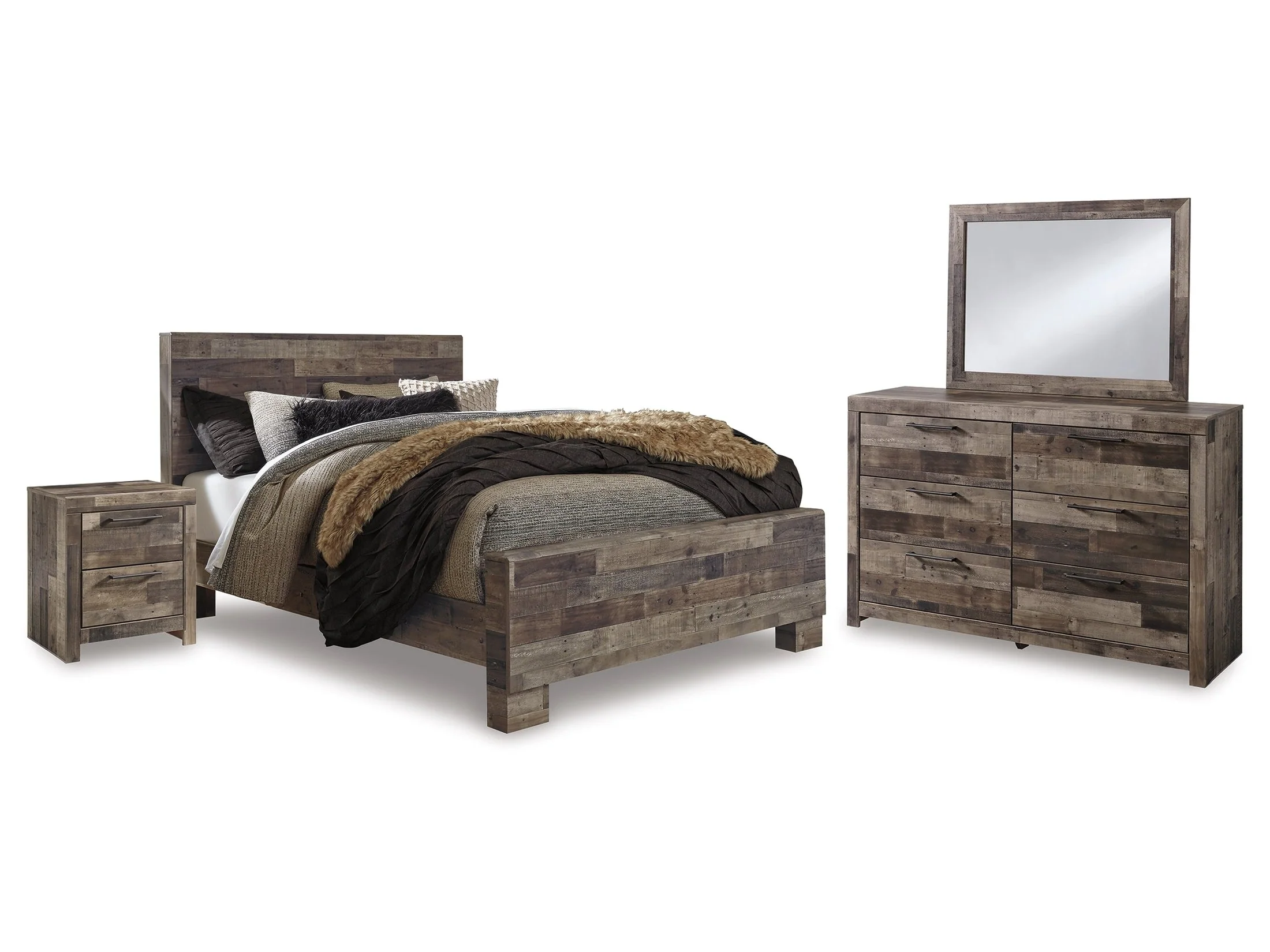 Derekson Multi Gray Queen Bed with Mirrored Dresser and Nightstand (Online Special Price)