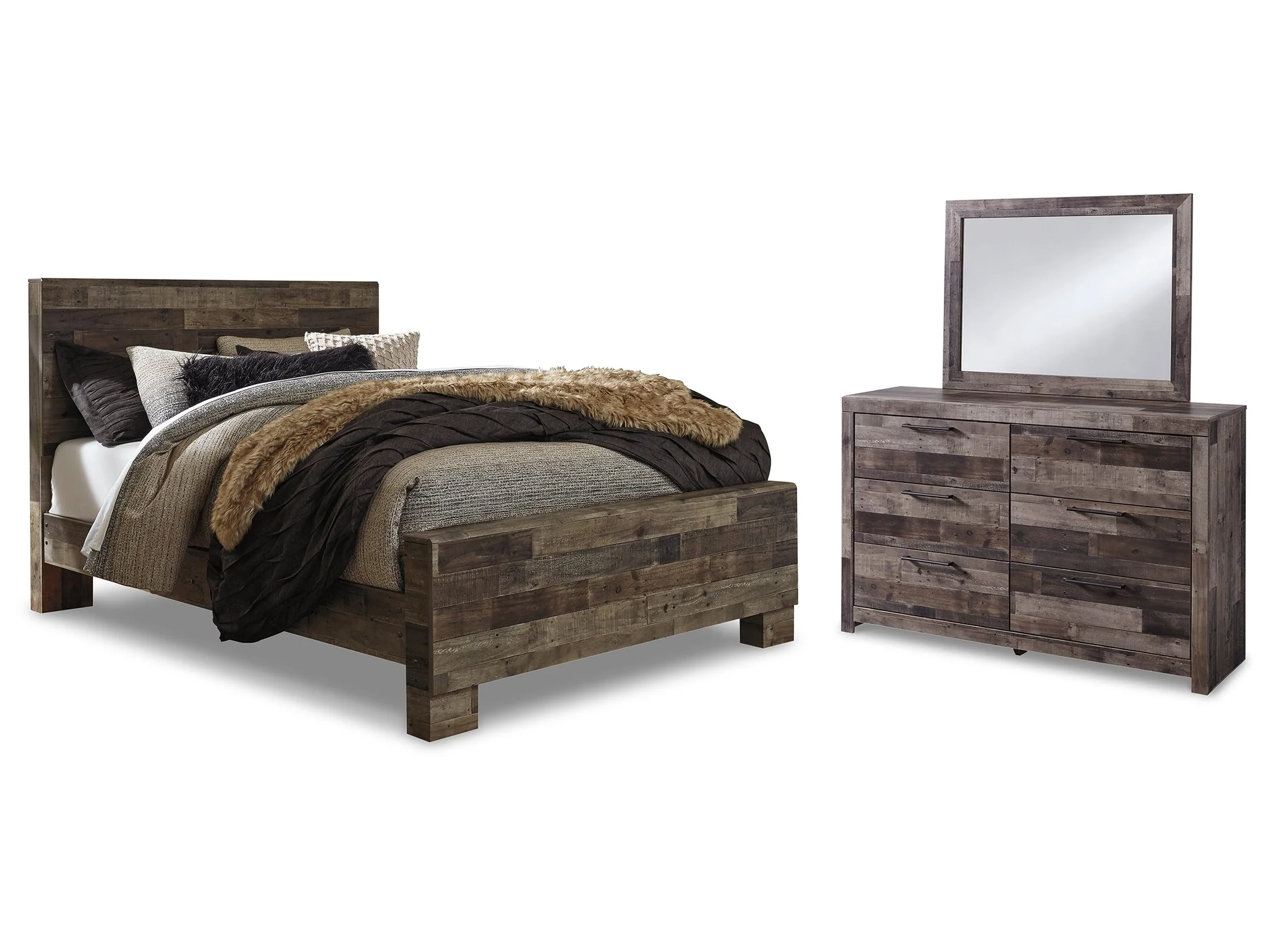 Derekson Multi Gray Queen Panel Bed, Dresser and Mirror