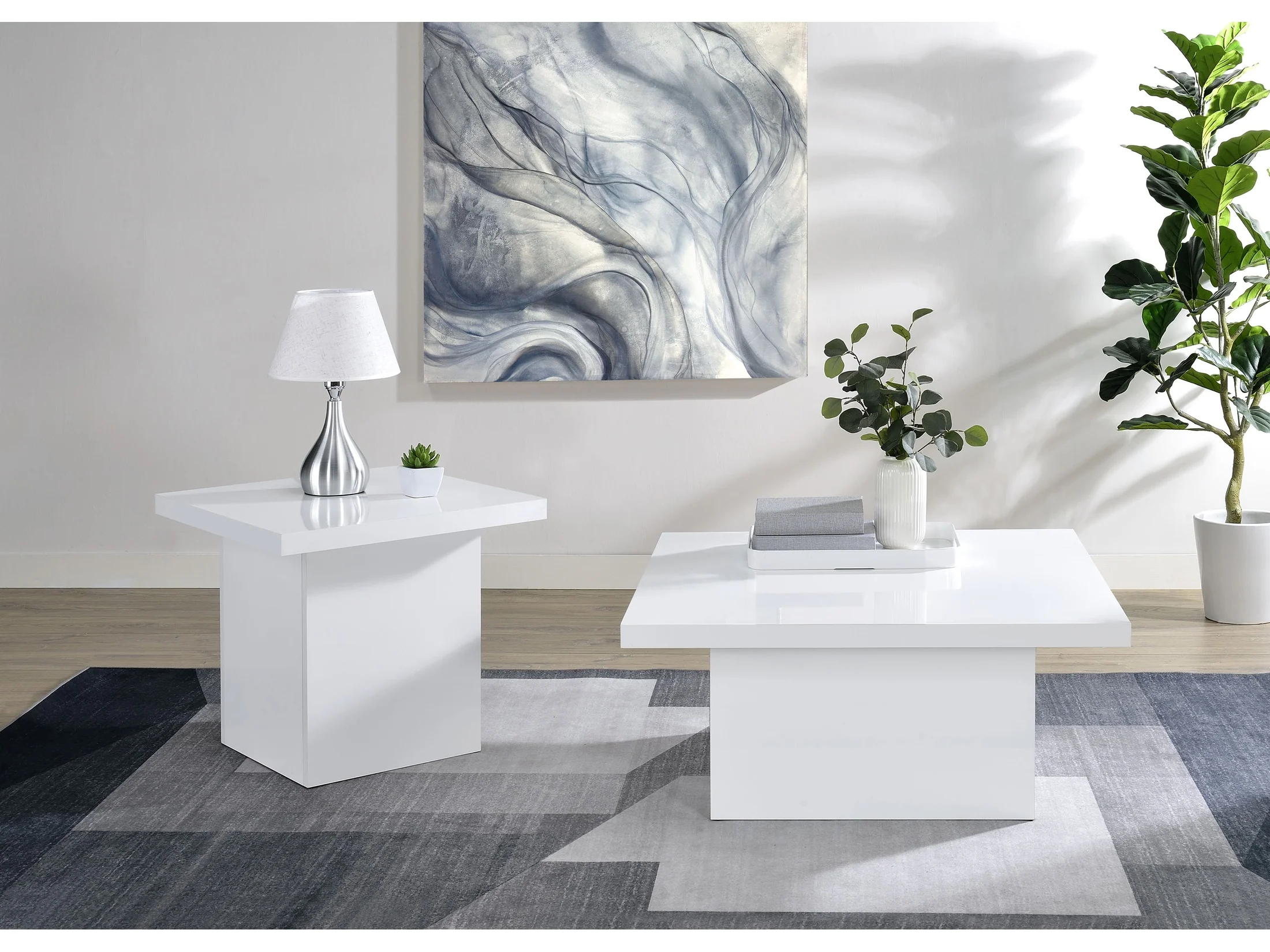 Devar White High Gloss 2-piece Square Coffee End Table Set